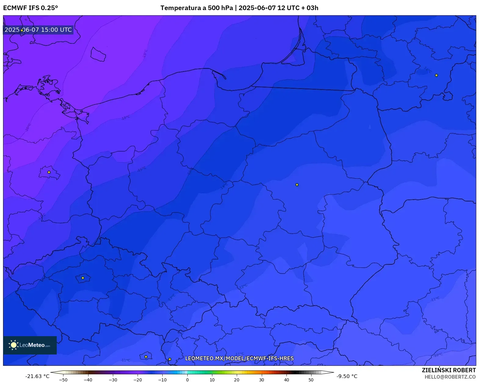 ECMWF IFS 0.25° model - Polonia, Temperatura a 500 hPa ECMWF IFS 0.25° model - Polonia, Temperatura a 500 hPa