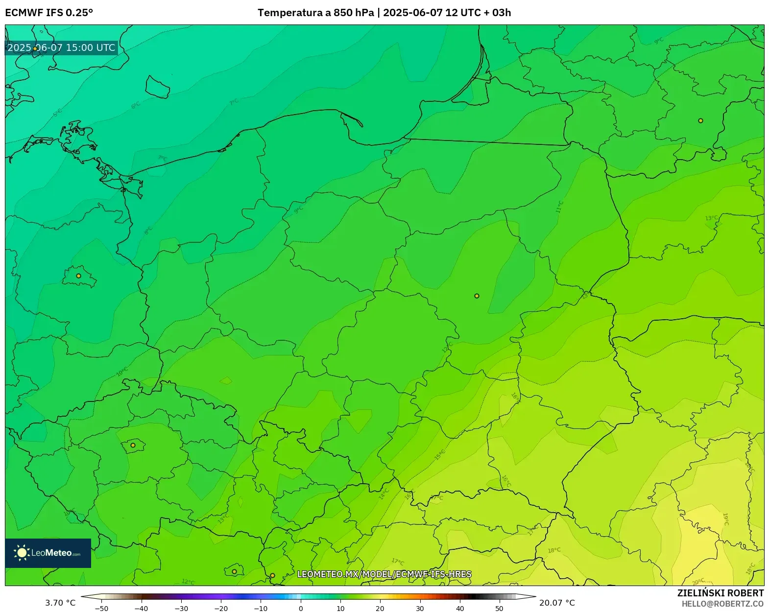 ECMWF IFS 0.25° model - Polonia, Temperatura a 850 hPa ECMWF IFS 0.25° model - Polonia, Temperatura a 850 hPa