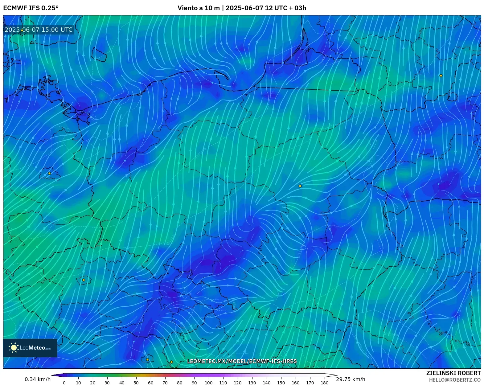 ECMWF IFS 0.25° model - Polonia, Viento a 10 m ECMWF IFS 0.25° model - Polonia, Viento a 10 m