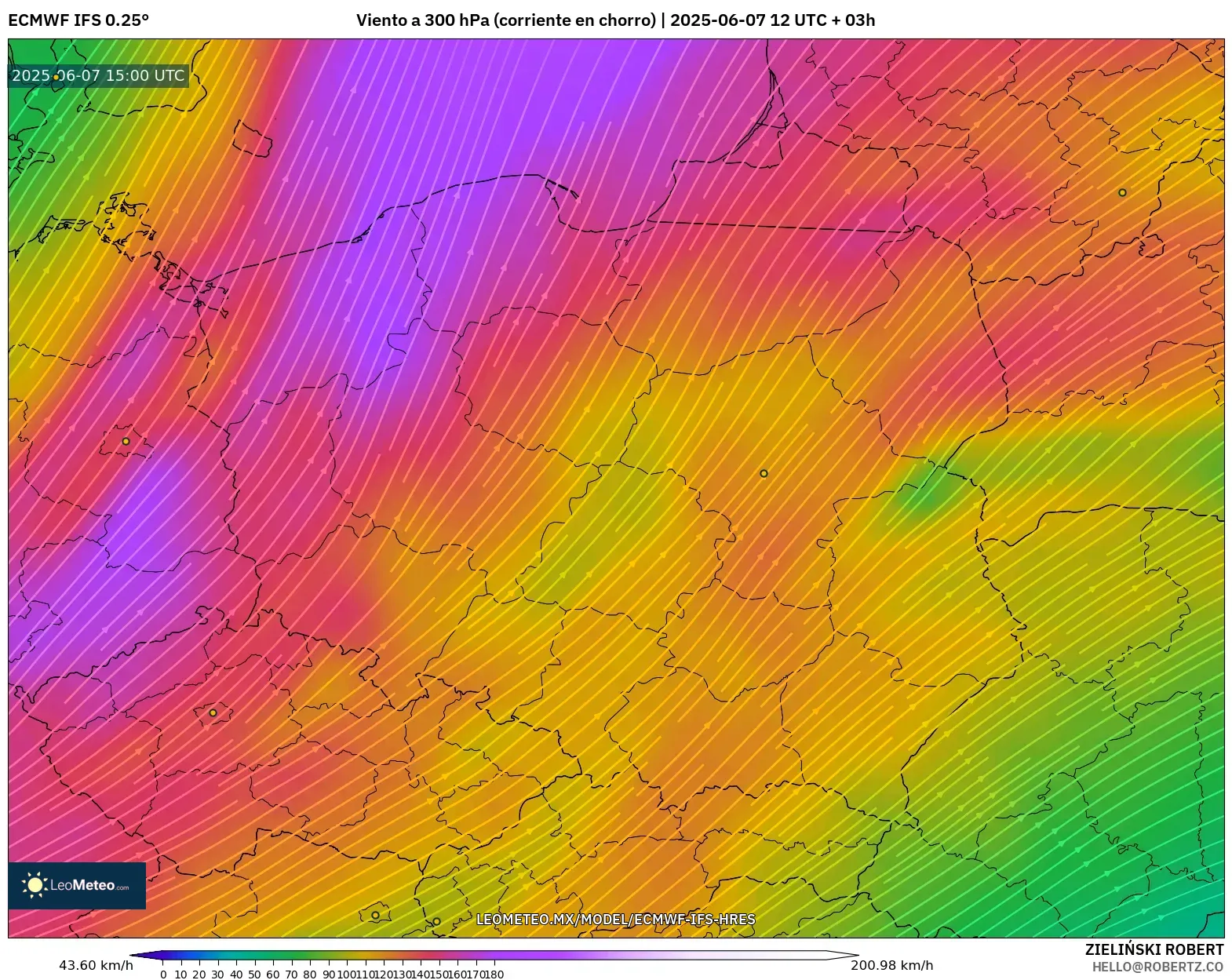 ECMWF IFS 0.25° model - Polonia, Viento a 300 hPa (corriente en chorro) ECMWF IFS 0.25° model - Polonia, Viento a 300 hPa (corriente en chorro)
