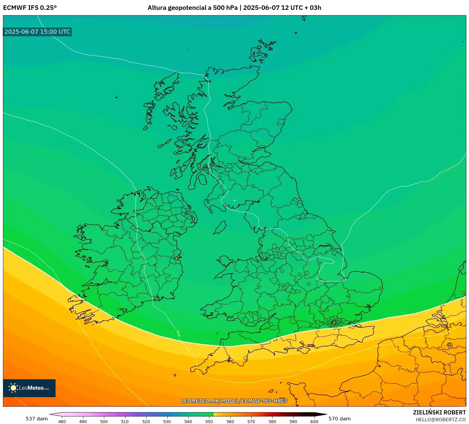 ECMWF IFS 0.25° model - Reino Unido, Altura geopotencial a 500 hPa ECMWF IFS 0.25° model - Reino Unido, Altura geopotencial a 500 hPa