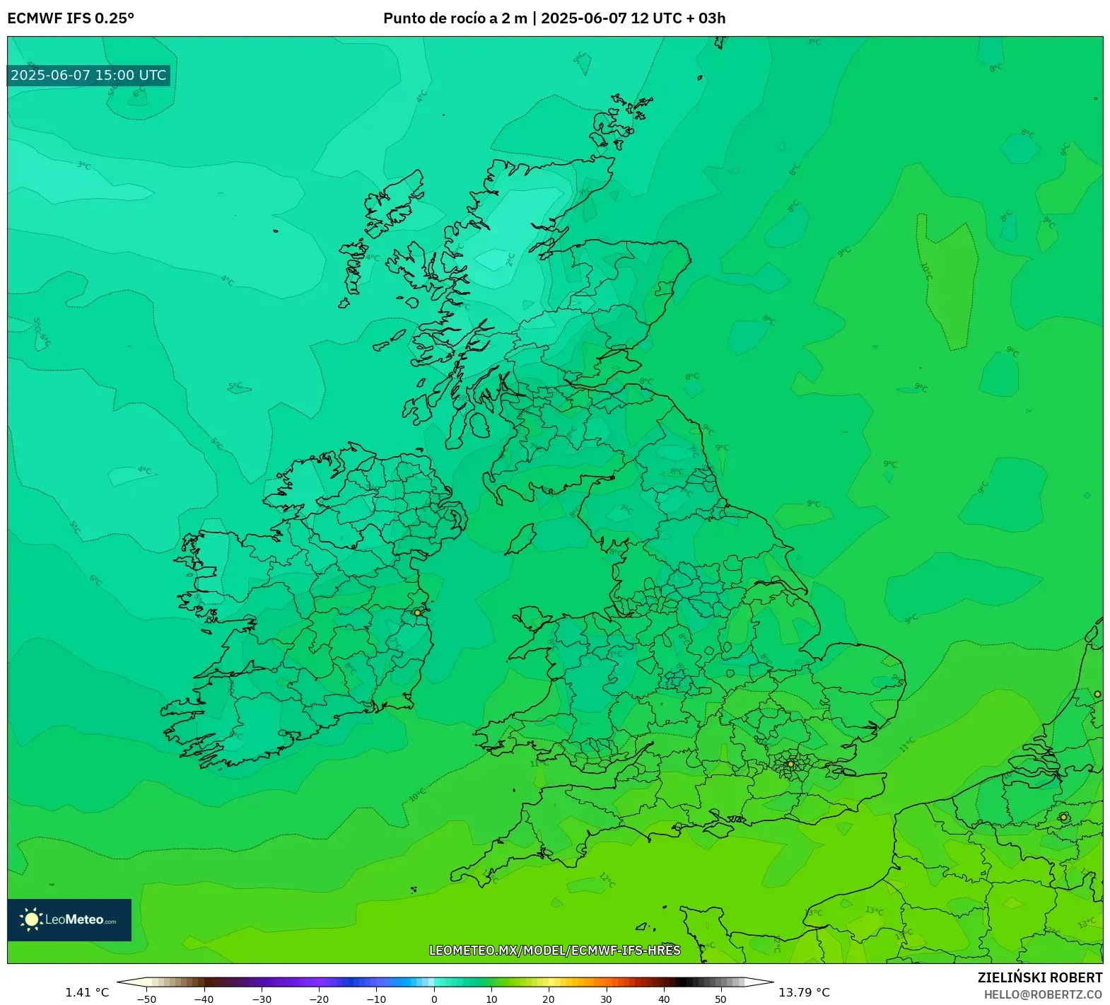 ECMWF IFS 0.25° model - Reino Unido, Punto de rocío a 2 m