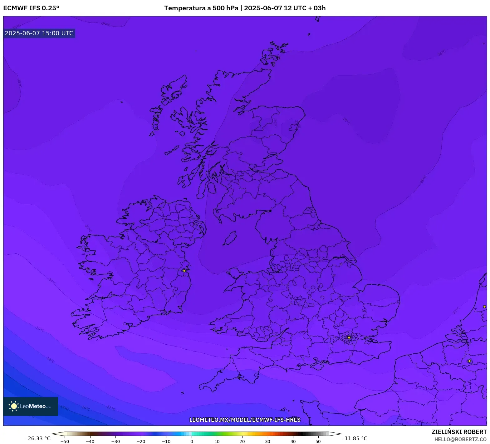 ECMWF IFS 0.25° model - Reino Unido, Temperatura a 500 hPa