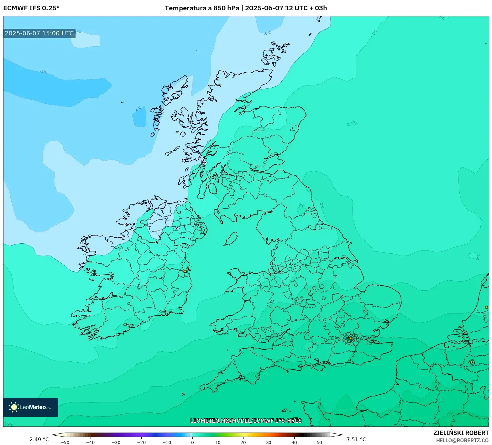 ECMWF IFS 0.25° model - Reino Unido, Temperatura a 850 hPa ECMWF IFS 0.25° model - Reino Unido, Temperatura a 850 hPa