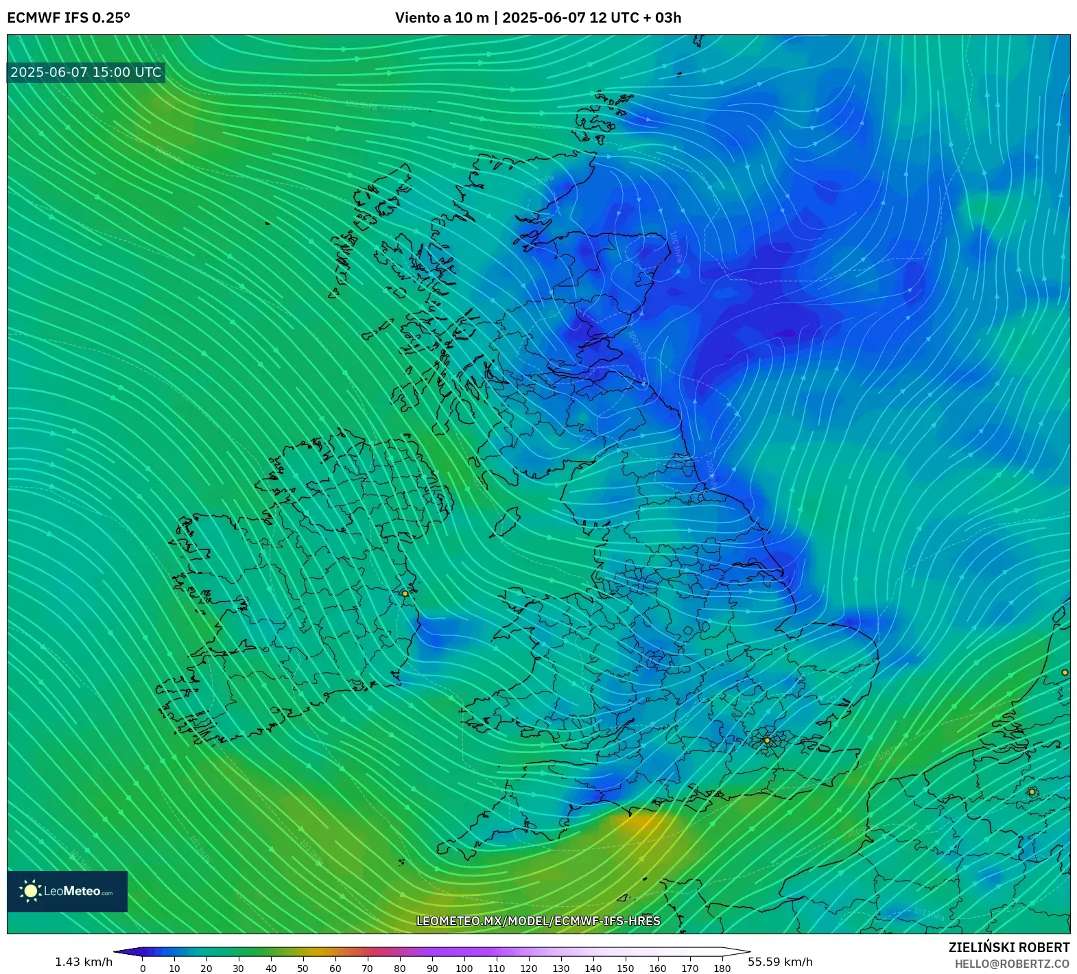 ECMWF IFS 0.25° model - Reino Unido, Viento a 10 m ECMWF IFS 0.25° model - Reino Unido, Viento a 10 m