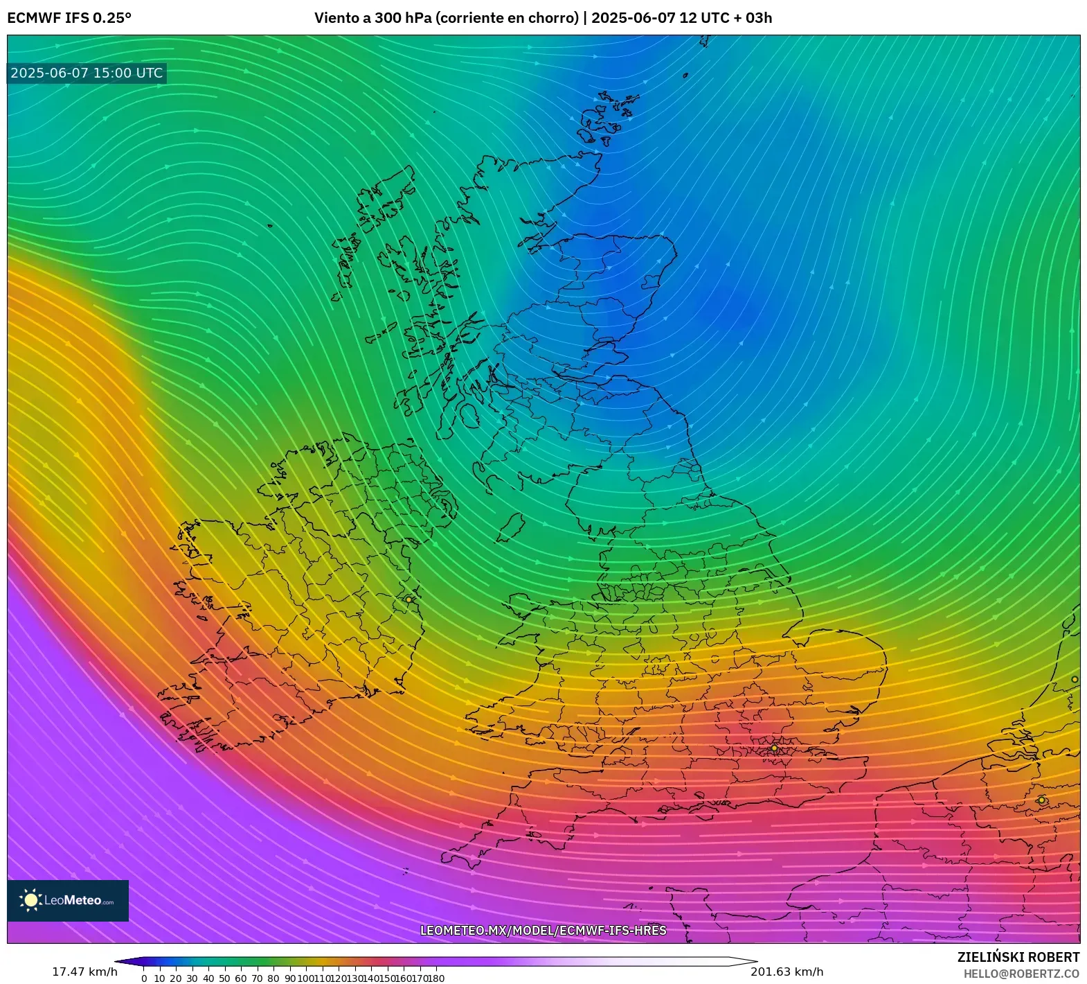 ECMWF IFS 0.25° model - Reino Unido, Viento a 300 hPa (corriente en chorro) ECMWF IFS 0.25° model - Reino Unido, Viento a 300 hPa (corriente en chorro)