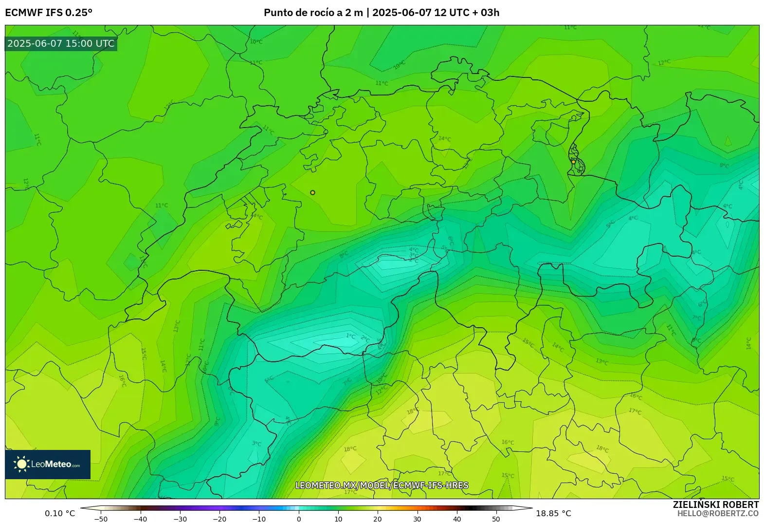 ECMWF IFS 0.25° model - Suiza, Punto de rocío a 2 m