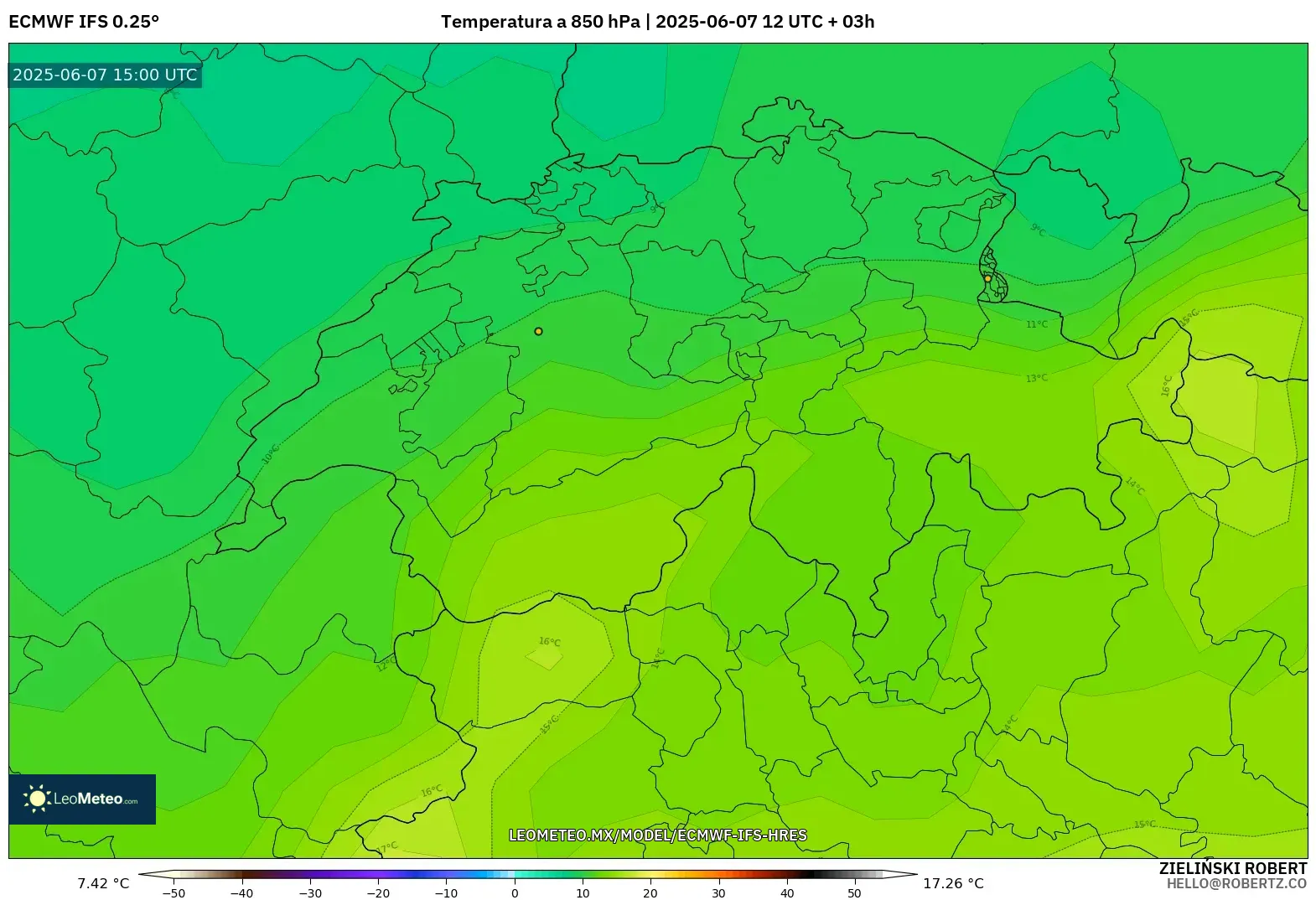 ECMWF IFS 0.25° model - Suiza, Temperatura a 850 hPa ECMWF IFS 0.25° model - Suiza, Temperatura a 850 hPa