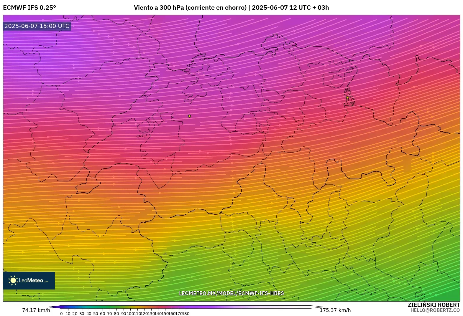 ECMWF IFS 0.25° model - Suiza, Viento a 300 hPa (corriente en chorro) ECMWF IFS 0.25° model - Suiza, Viento a 300 hPa (corriente en chorro)