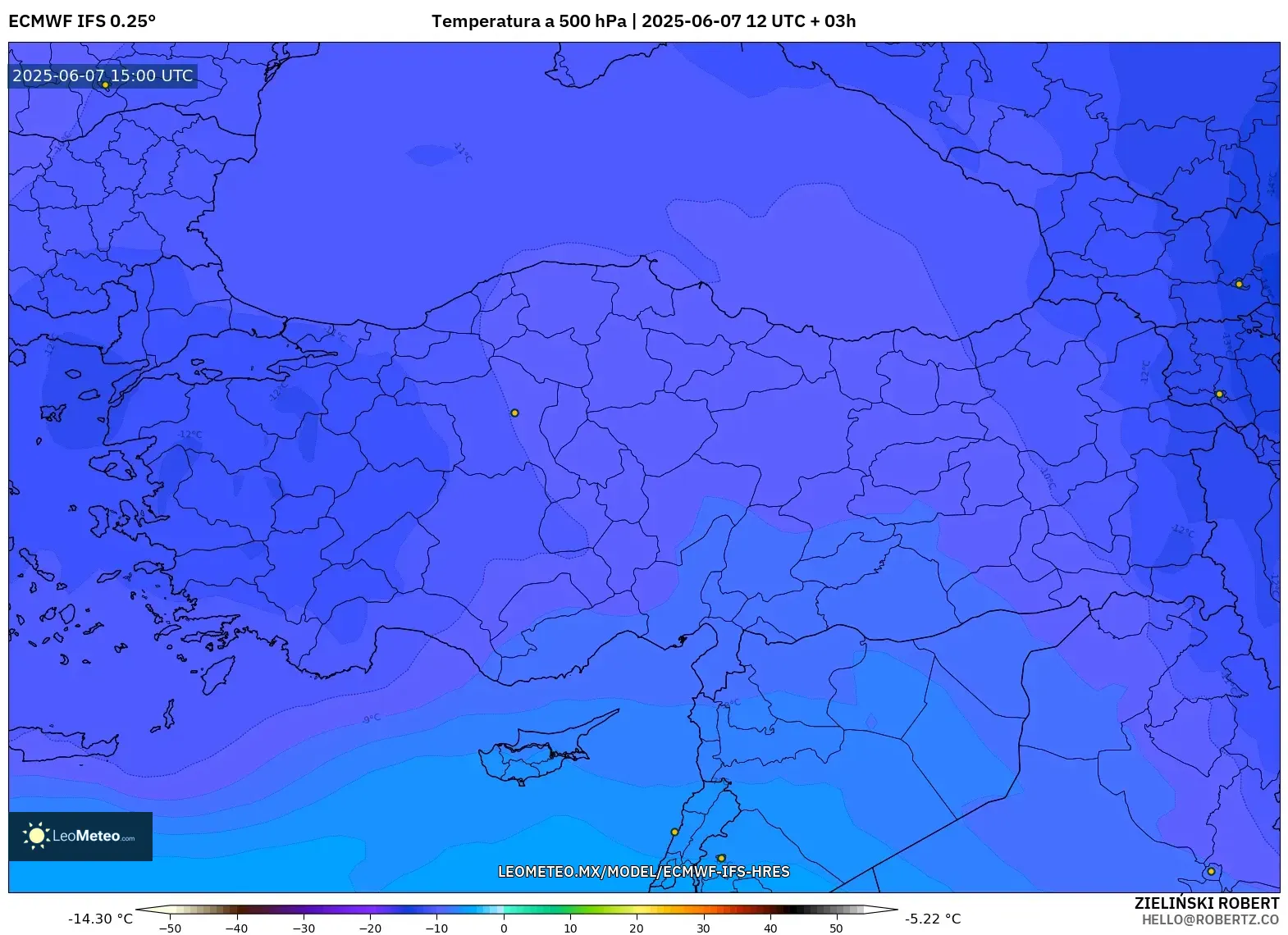 ECMWF IFS 0.25° model - Turquía, Temperatura a 500 hPa ECMWF IFS 0.25° model - Turquía, Temperatura a 500 hPa