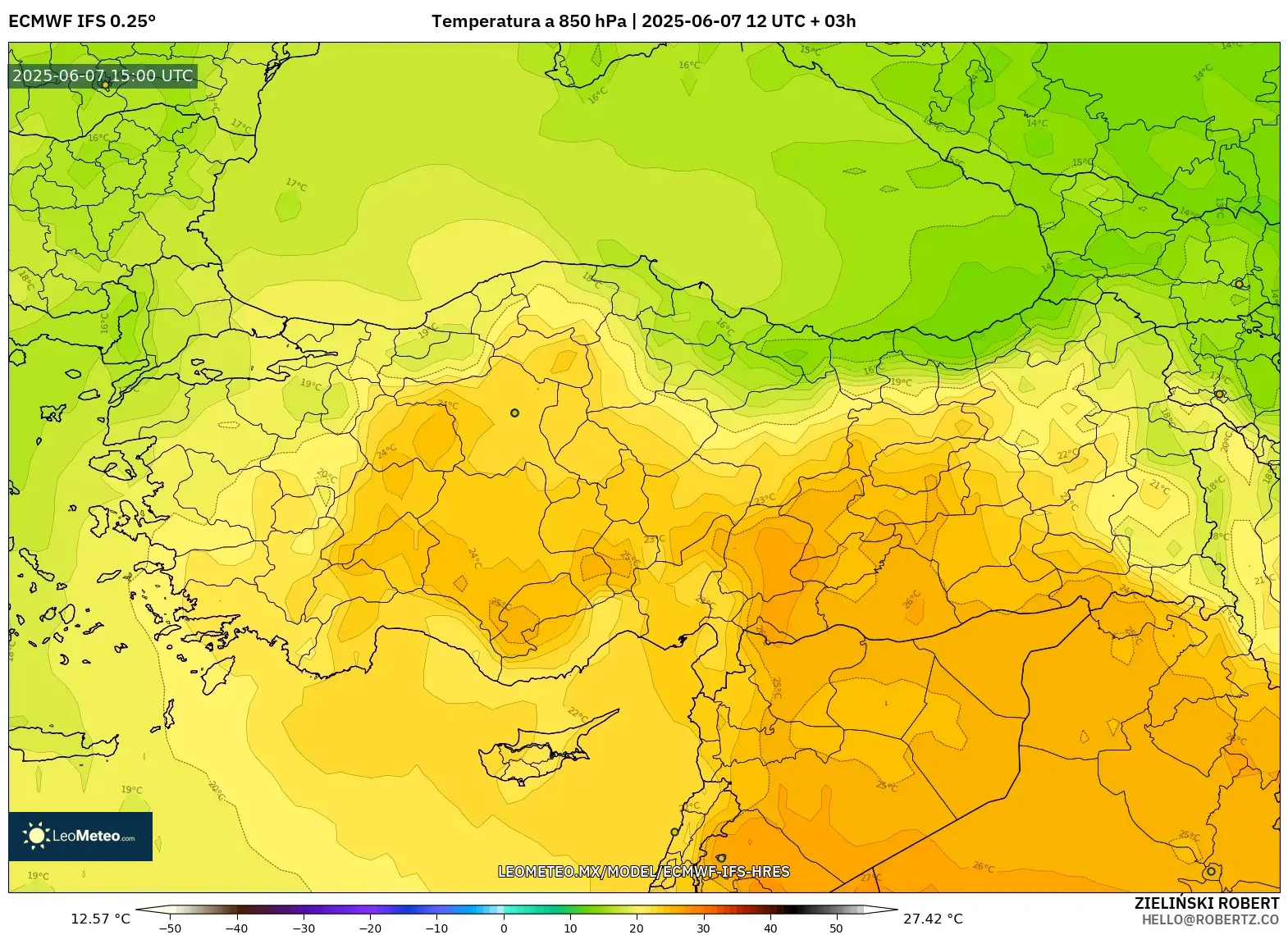 ECMWF IFS 0.25° model - Turquía, Temperatura a 850 hPa ECMWF IFS 0.25° model - Turquía, Temperatura a 850 hPa