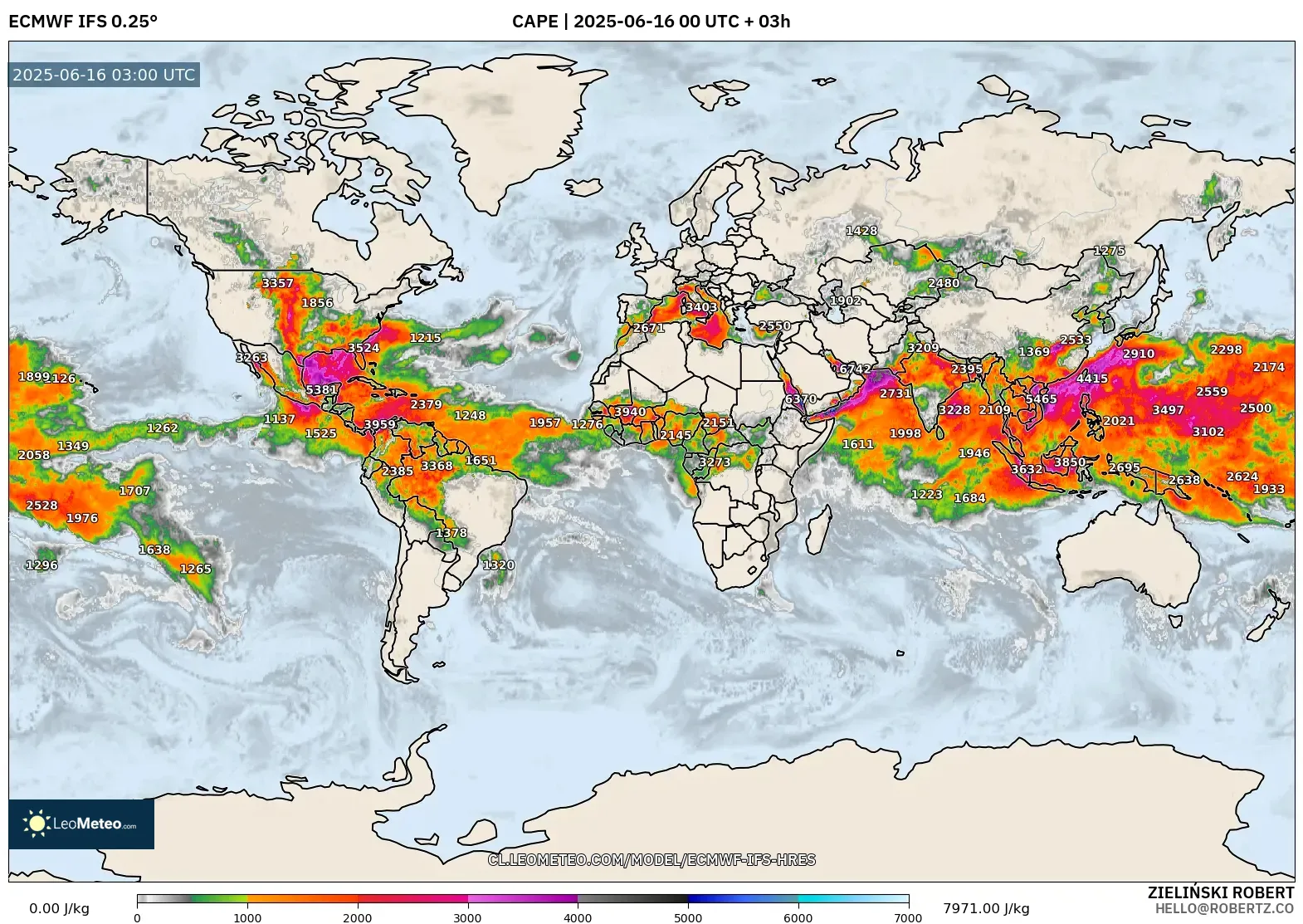ECMWF IFS 0.25° model - Mundo, CAPE ECMWF IFS 0.25° model - Mundo, CAPE