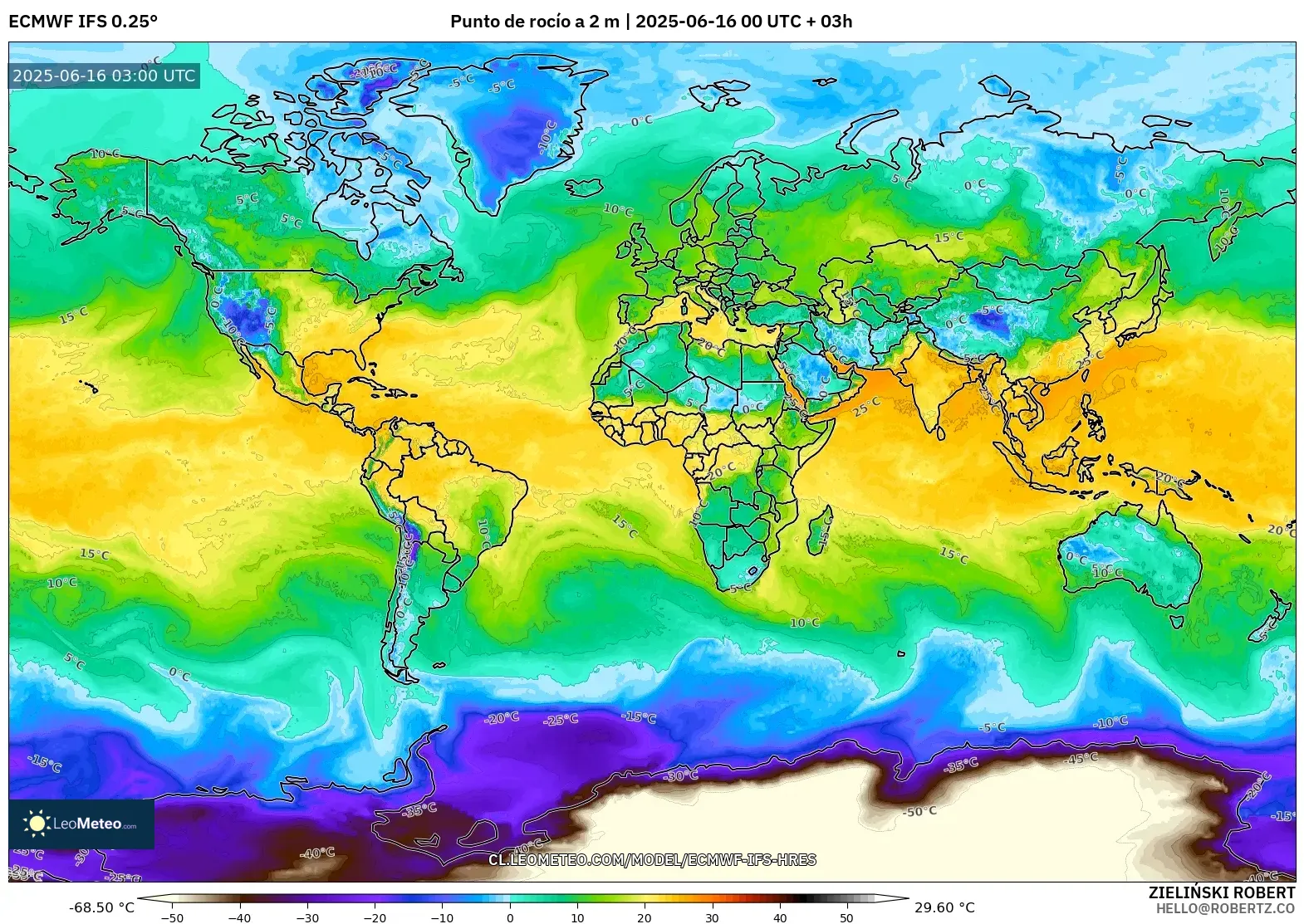 ECMWF IFS 0.25° model - Mundo, Punto de rocío a 2 m ECMWF IFS 0.25° model - Mundo, Punto de rocío a 2 m