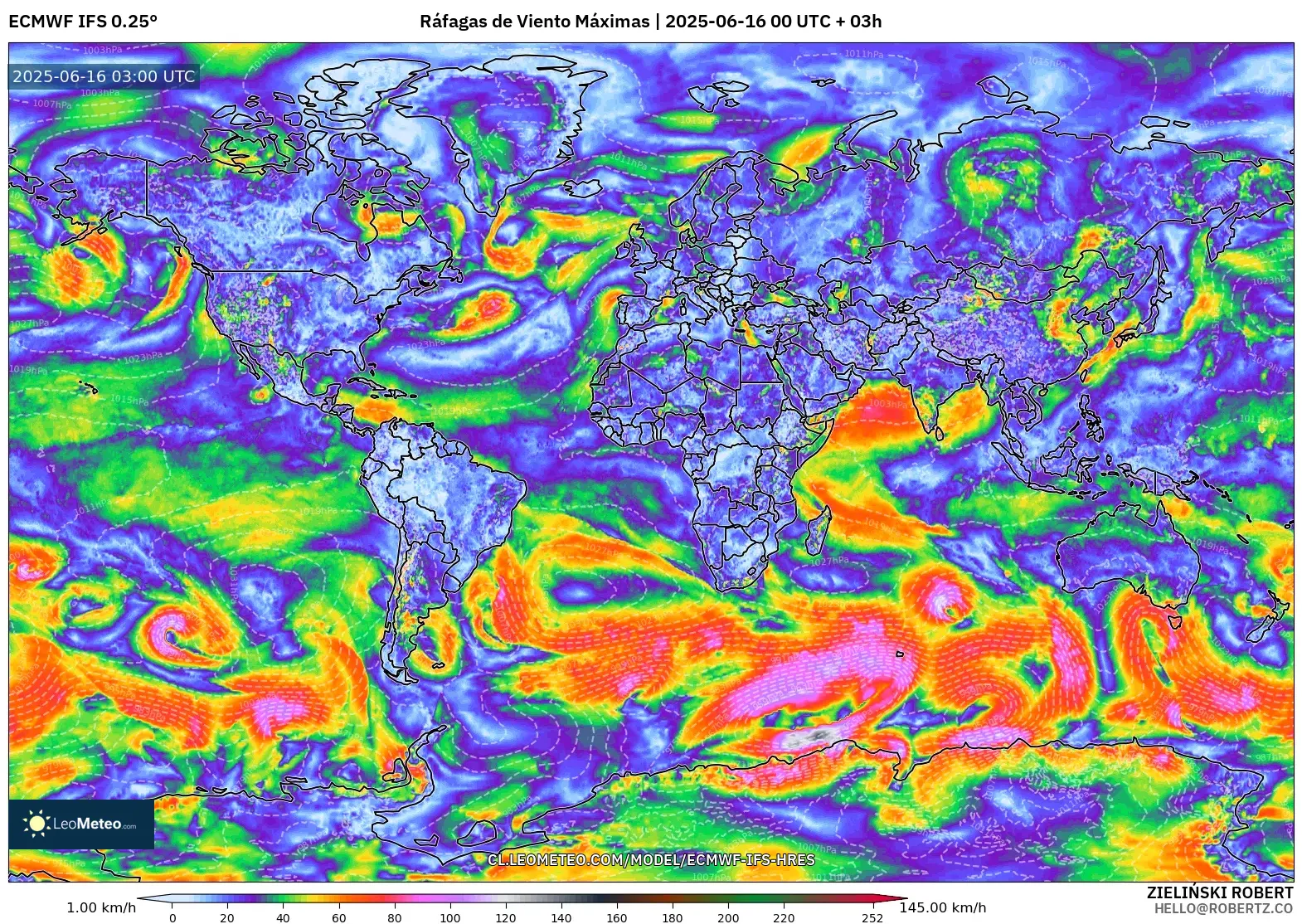 ECMWF IFS 0.25° model - Mundo, Ráfagas de Viento Máximas ECMWF IFS 0.25° model - Mundo, Ráfagas de Viento Máximas