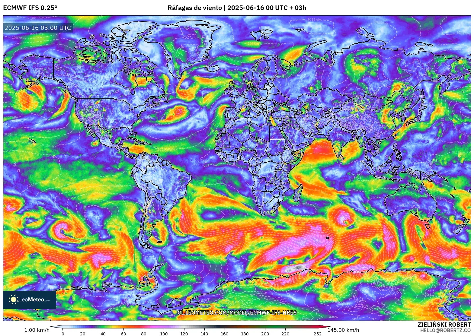 ECMWF IFS 0.25° model - Mundo, Ráfagas de viento ECMWF IFS 0.25° model - Mundo, Ráfagas de viento