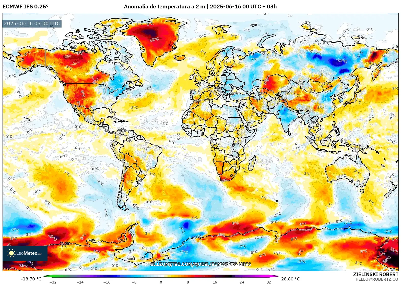 ECMWF IFS 0.25° model - Mundo, Anomalía de temperatura a 2 m ECMWF IFS 0.25° model - Mundo, Anomalía de temperatura a 2 m