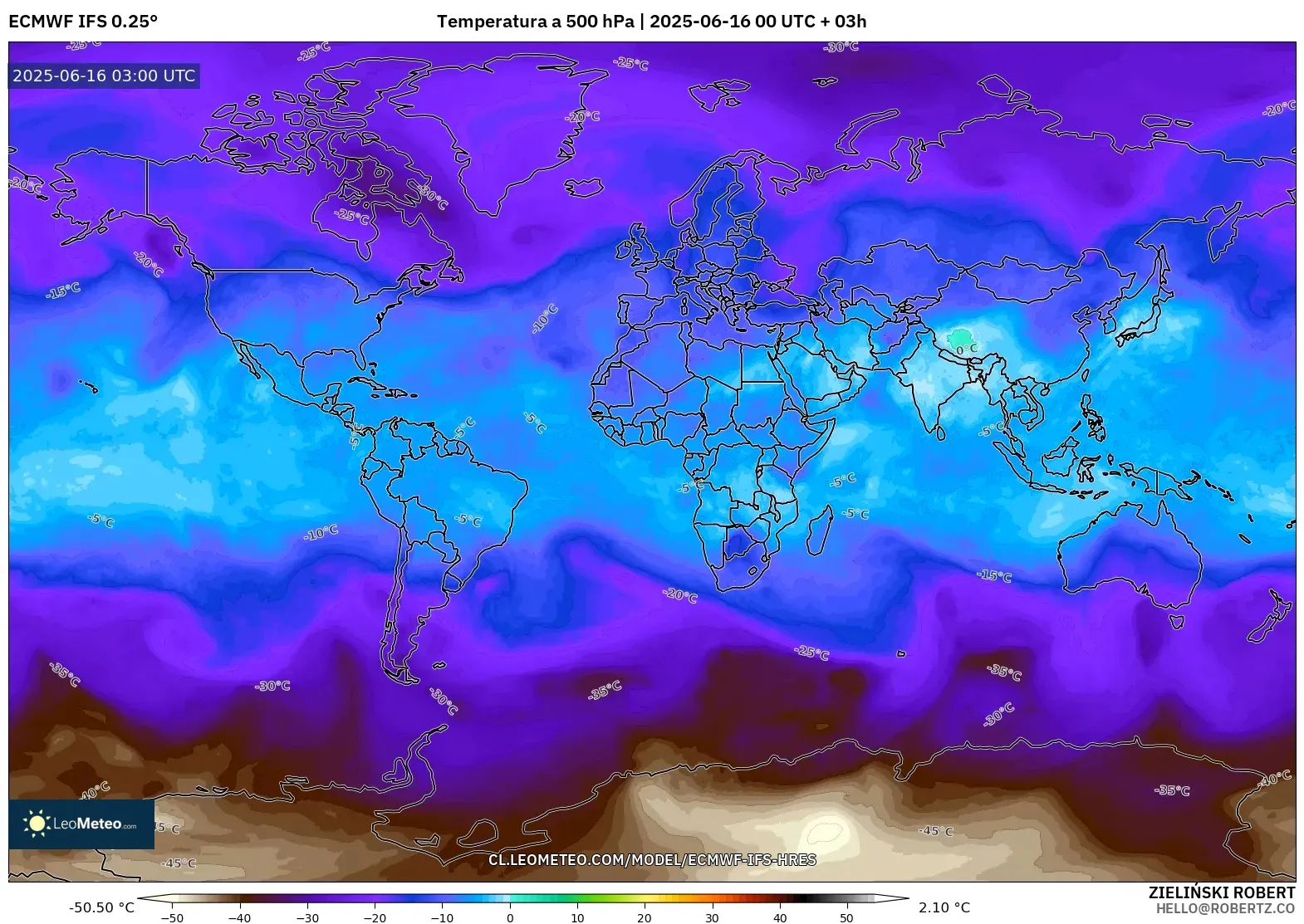 ECMWF IFS 0.25° model - Mundo, Temperatura a 500 hPa ECMWF IFS 0.25° model - Mundo, Temperatura a 500 hPa