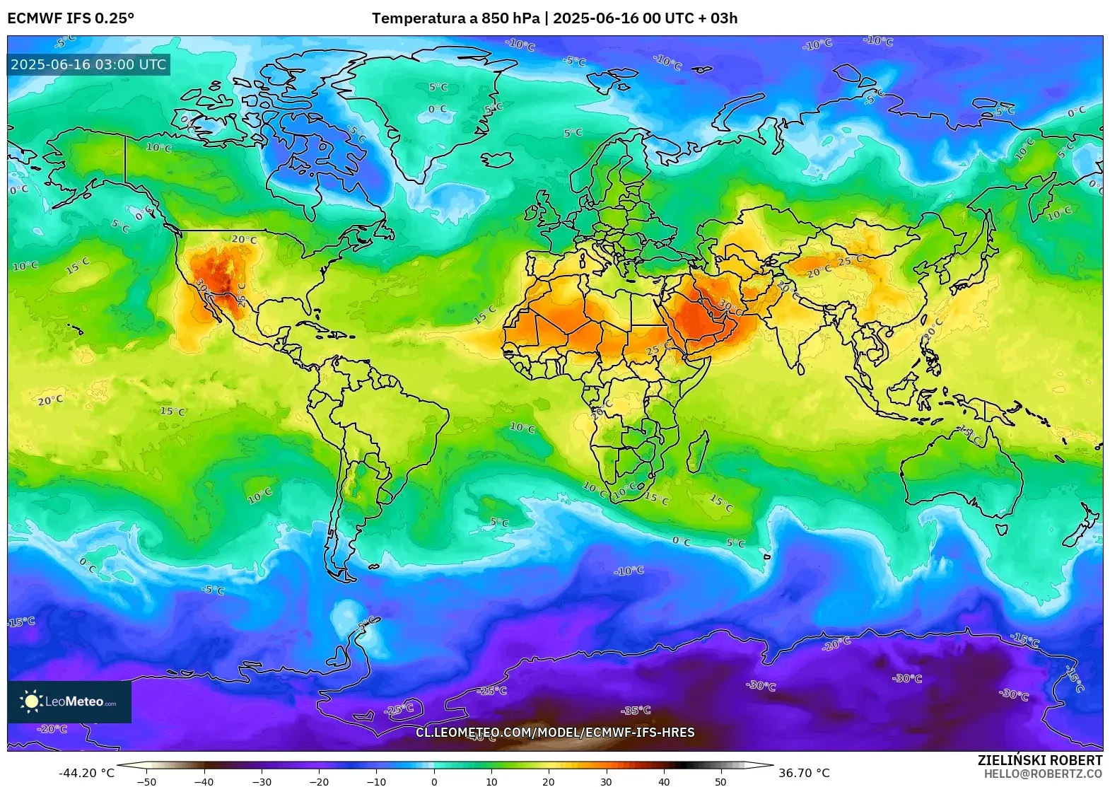 ECMWF IFS 0.25° model - Mundo, Temperatura a 850 hPa ECMWF IFS 0.25° model - Mundo, Temperatura a 850 hPa