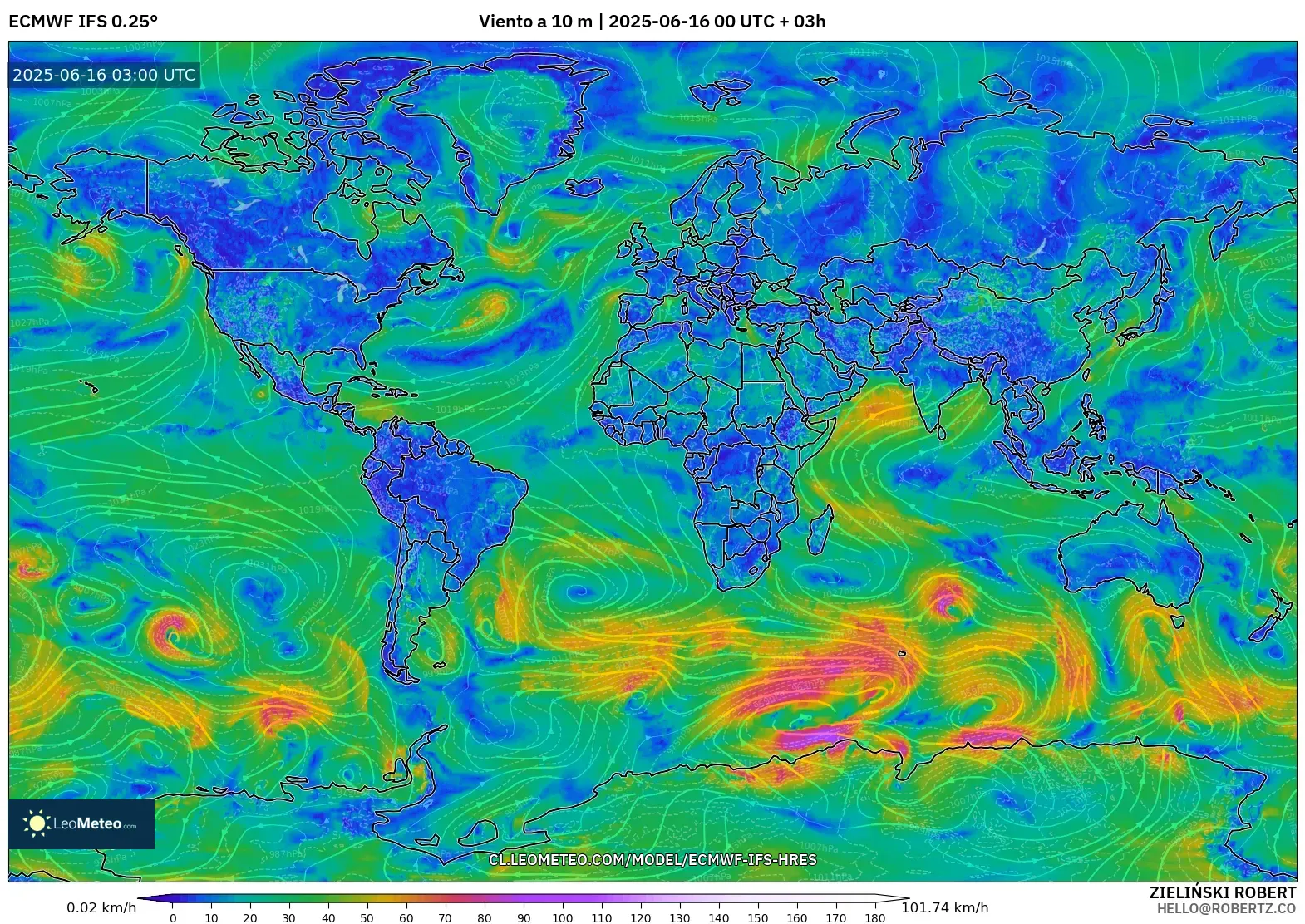 ECMWF IFS 0.25° model - Mundo, Viento a 10 m ECMWF IFS 0.25° model - Mundo, Viento a 10 m