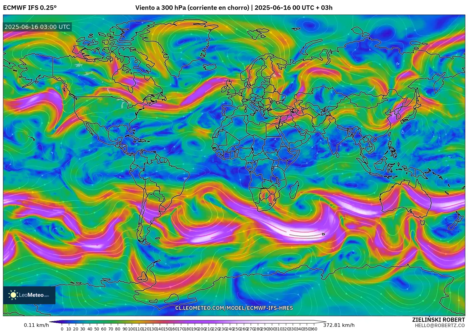 ECMWF IFS 0.25° model - Mundo, Viento a 300 hPa (corriente en chorro)