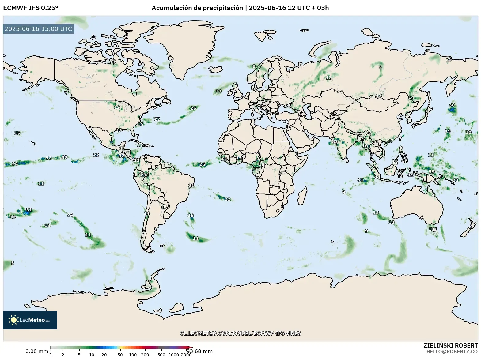 ECMWF IFS 0.25° model - Mundo, Acumulación de precipitación ECMWF IFS 0.25° model - Mundo, Acumulación de precipitación