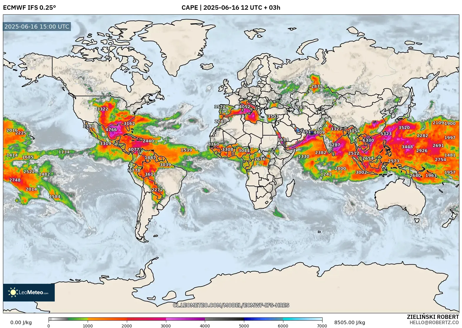 ECMWF IFS 0.25° model - Mundo, CAPE ECMWF IFS 0.25° model - Mundo, CAPE