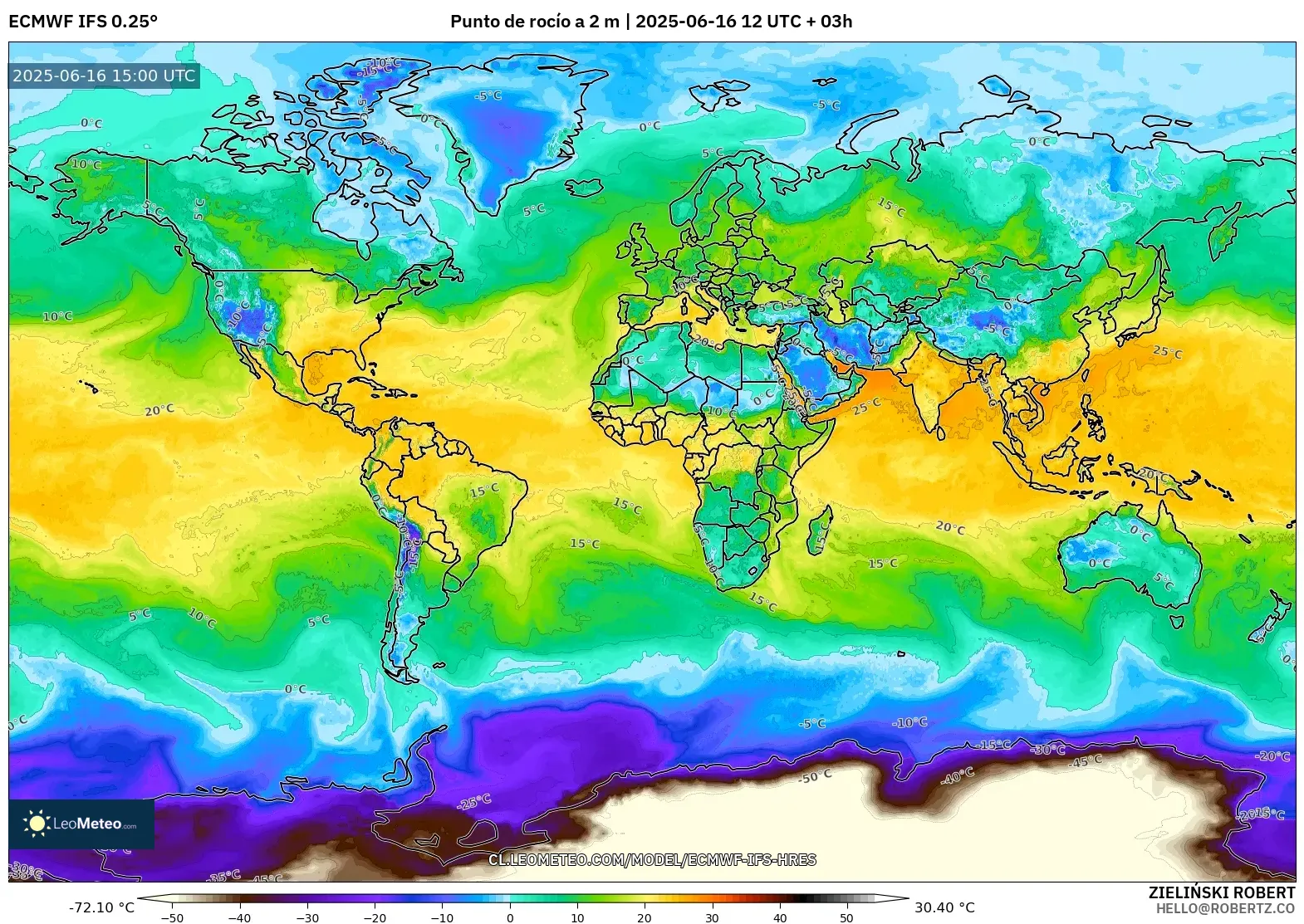 ECMWF IFS 0.25° model - Mundo, Punto de rocío a 2 m ECMWF IFS 0.25° model - Mundo, Punto de rocío a 2 m