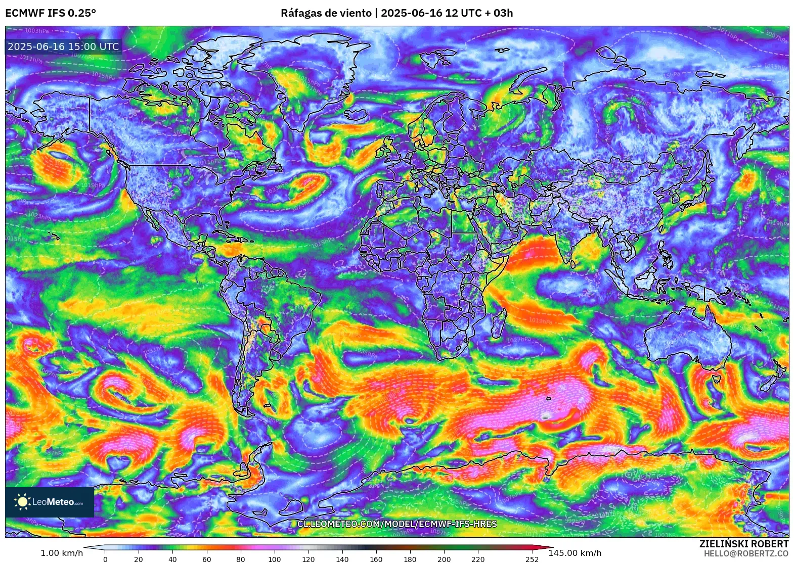 ECMWF IFS 0.25° model - Mundo, Ráfagas de viento ECMWF IFS 0.25° model - Mundo, Ráfagas de viento