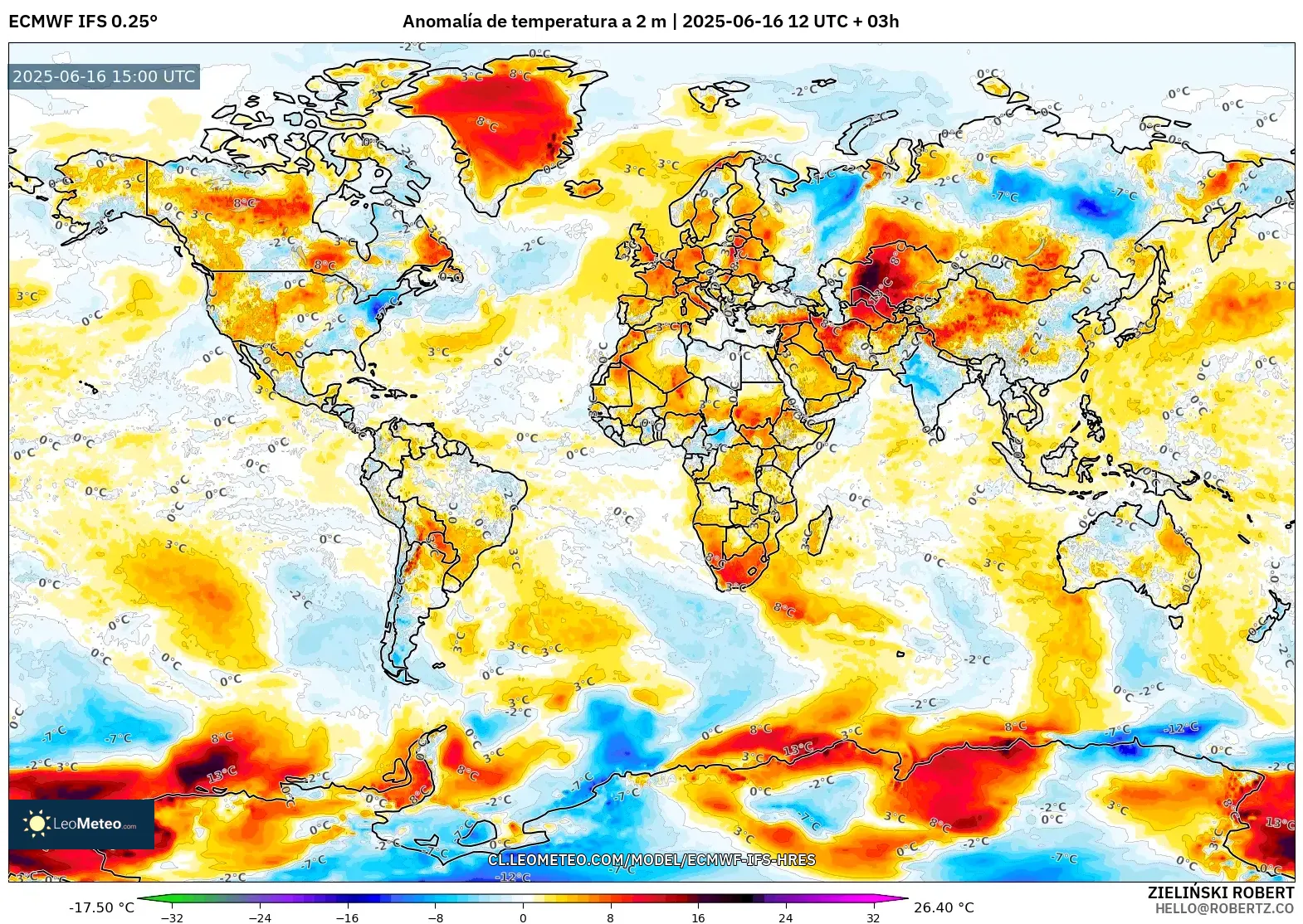 ECMWF IFS 0.25° model - Mundo, Anomalía de temperatura a 2 m ECMWF IFS 0.25° model - Mundo, Anomalía de temperatura a 2 m