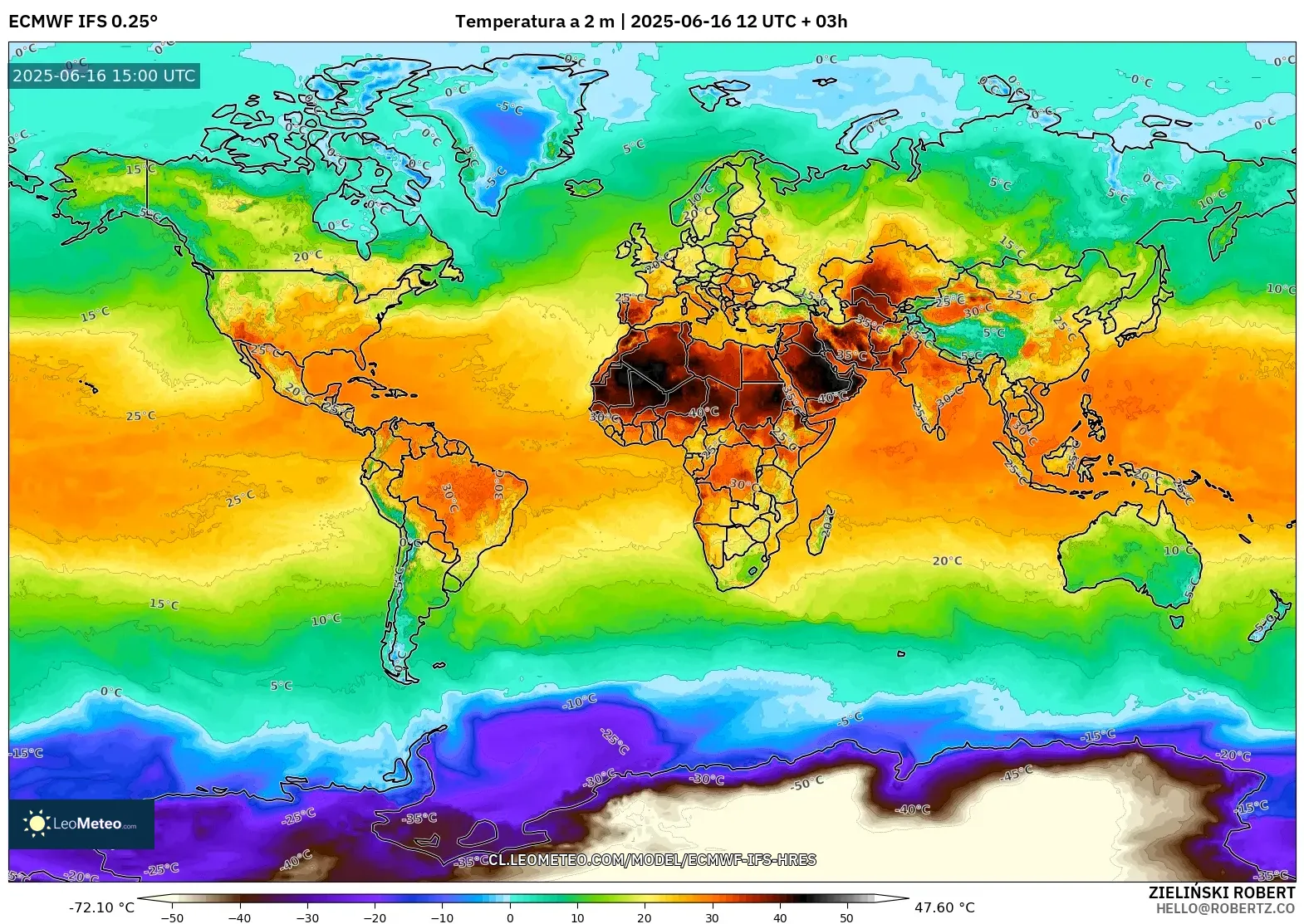 ECMWF IFS 0.25° model - Mundo, Temperatura a 2 m ECMWF IFS 0.25° model - Mundo, Temperatura a 2 m