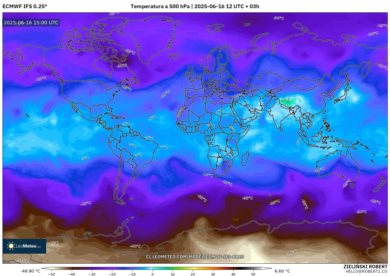 ECMWF IFS 0.25° model - Mundo, Temperatura a 500 hPa ECMWF IFS 0.25° model - Mundo, Temperatura a 500 hPa