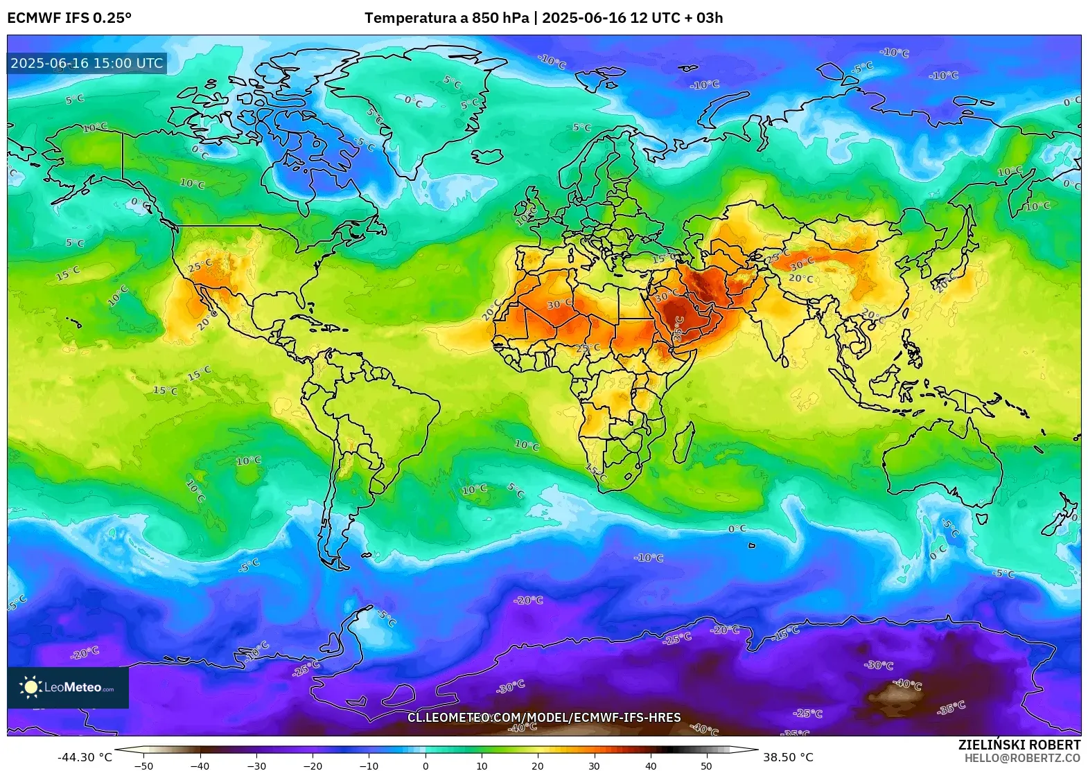 ECMWF IFS 0.25° model - Mundo, Temperatura a 850 hPa ECMWF IFS 0.25° model - Mundo, Temperatura a 850 hPa