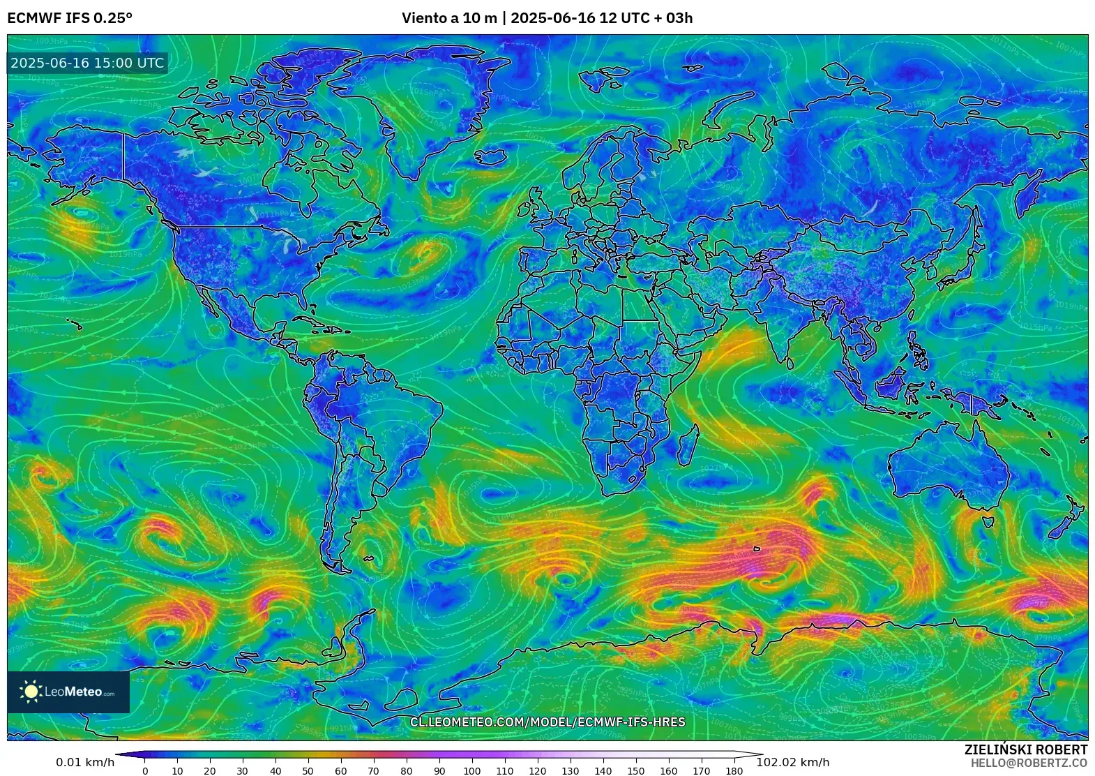 ECMWF IFS 0.25° model - Mundo, Viento a 10 m ECMWF IFS 0.25° model - Mundo, Viento a 10 m