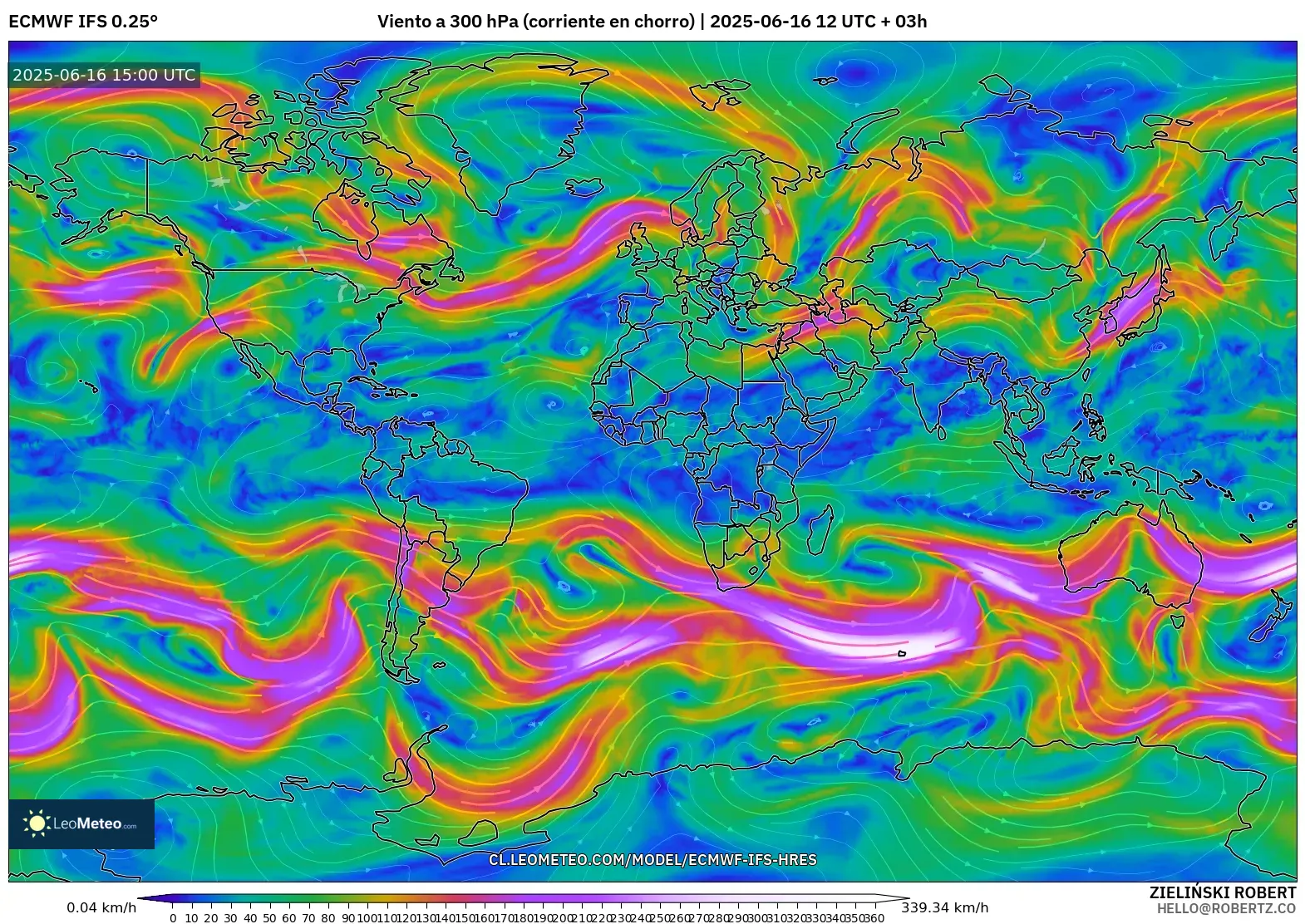 ECMWF IFS 0.25° model - Mundo, Viento a 300 hPa (corriente en chorro) ECMWF IFS 0.25° model - Mundo, Viento a 300 hPa (corriente en chorro)