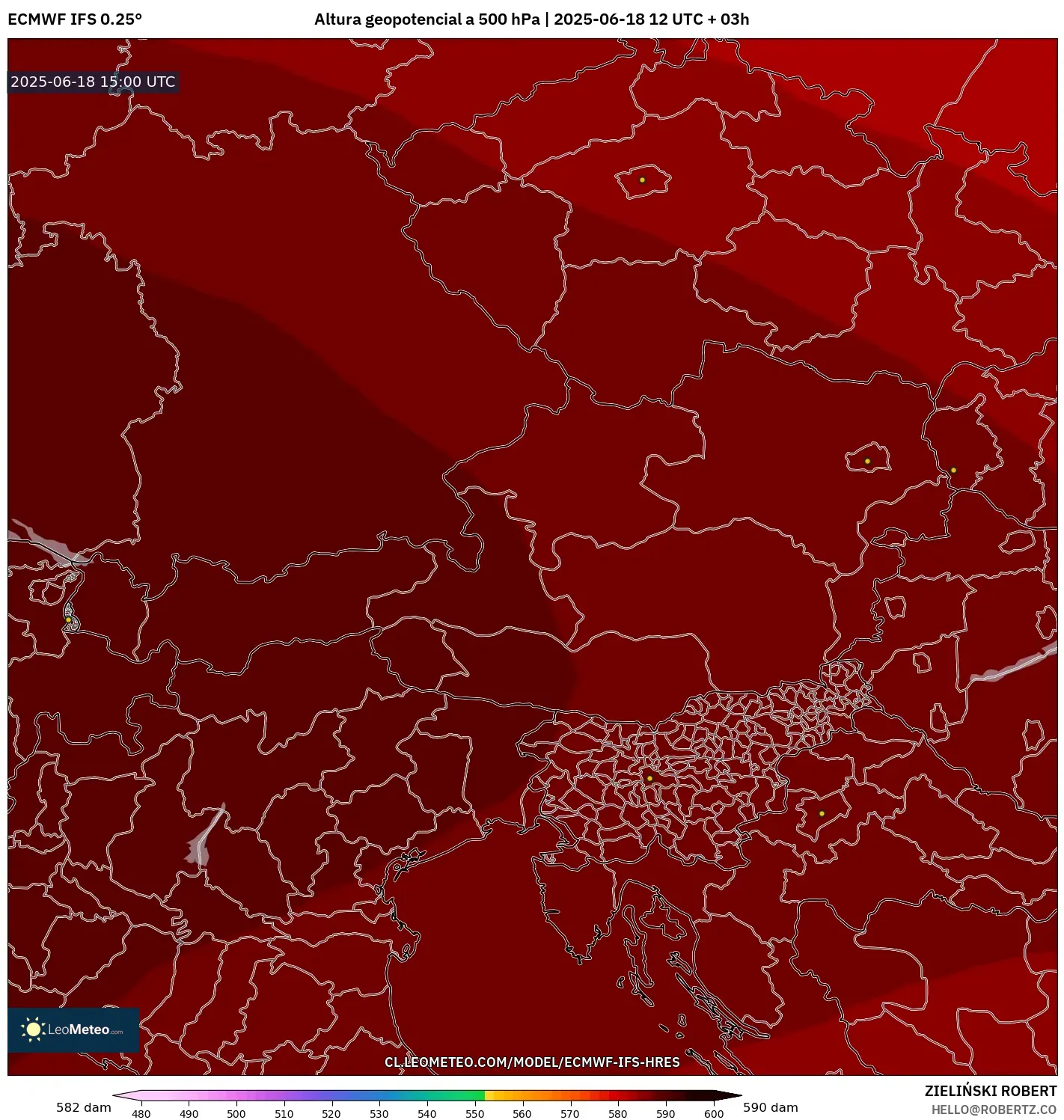ECMWF IFS 0.25° model - Austria, Altura geopotencial a 500 hPa ECMWF IFS 0.25° model - Austria, Altura geopotencial a 500 hPa