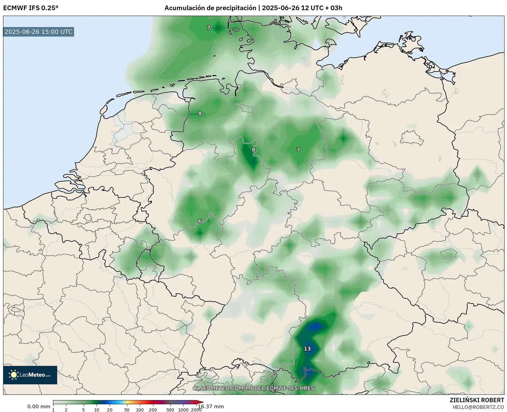 ECMWF IFS 0.25° model - Alemania, Acumulación de precipitación ECMWF IFS 0.25° model - Alemania, Acumulación de precipitación