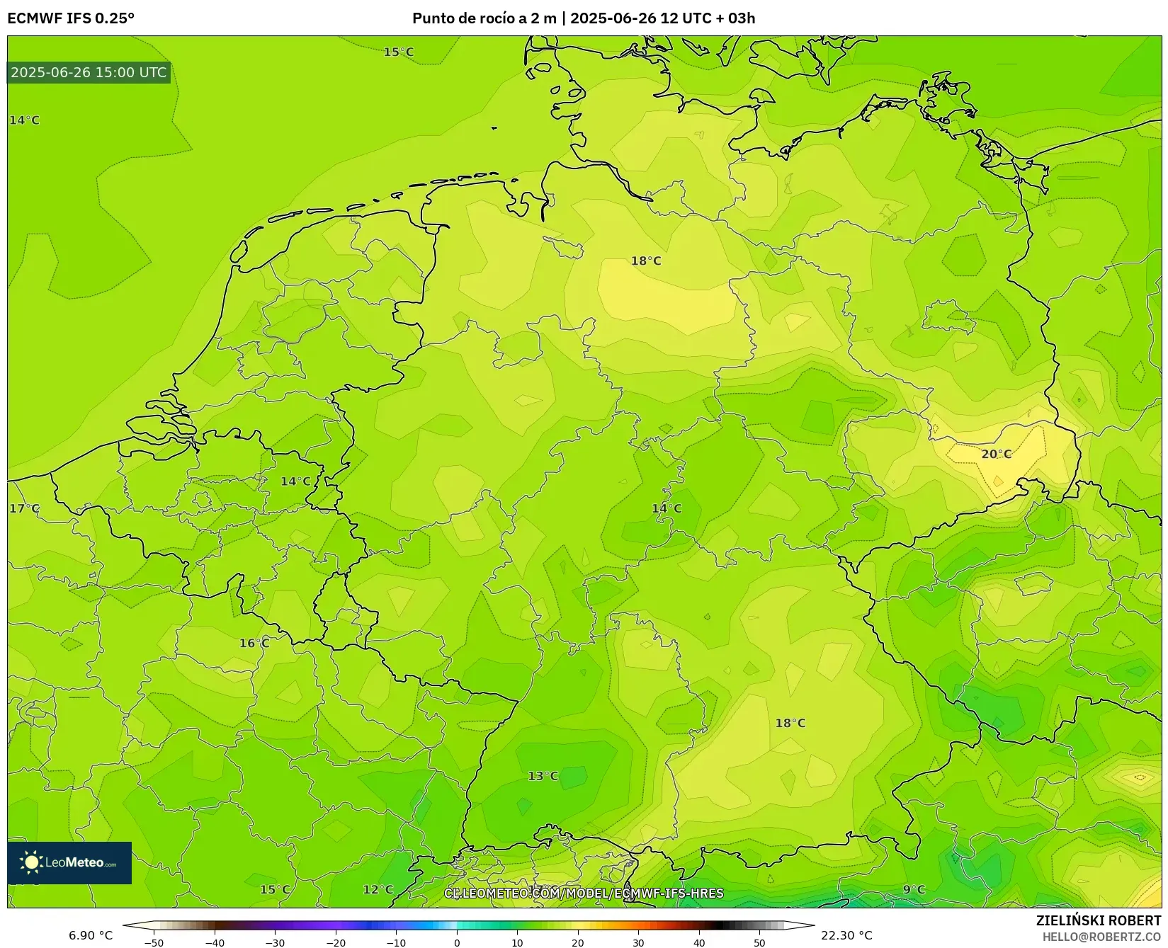 ECMWF IFS 0.25° model - Alemania, Punto de rocío a 2 m