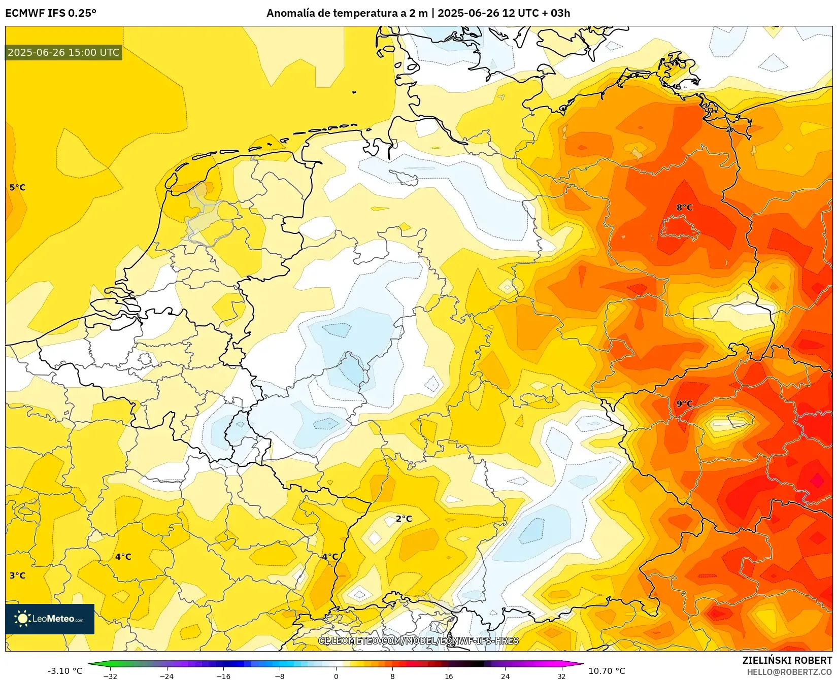 ECMWF IFS 0.25° model - Alemania, Anomalía de temperatura a 2 m ECMWF IFS 0.25° model - Alemania, Anomalía de temperatura a 2 m