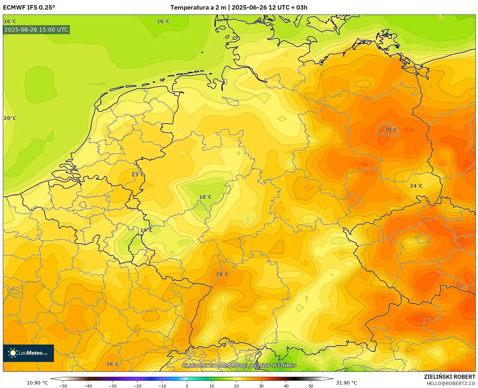 ECMWF IFS 0.25° model - Alemania, Temperatura a 2 m ECMWF IFS 0.25° model - Alemania, Temperatura a 2 m