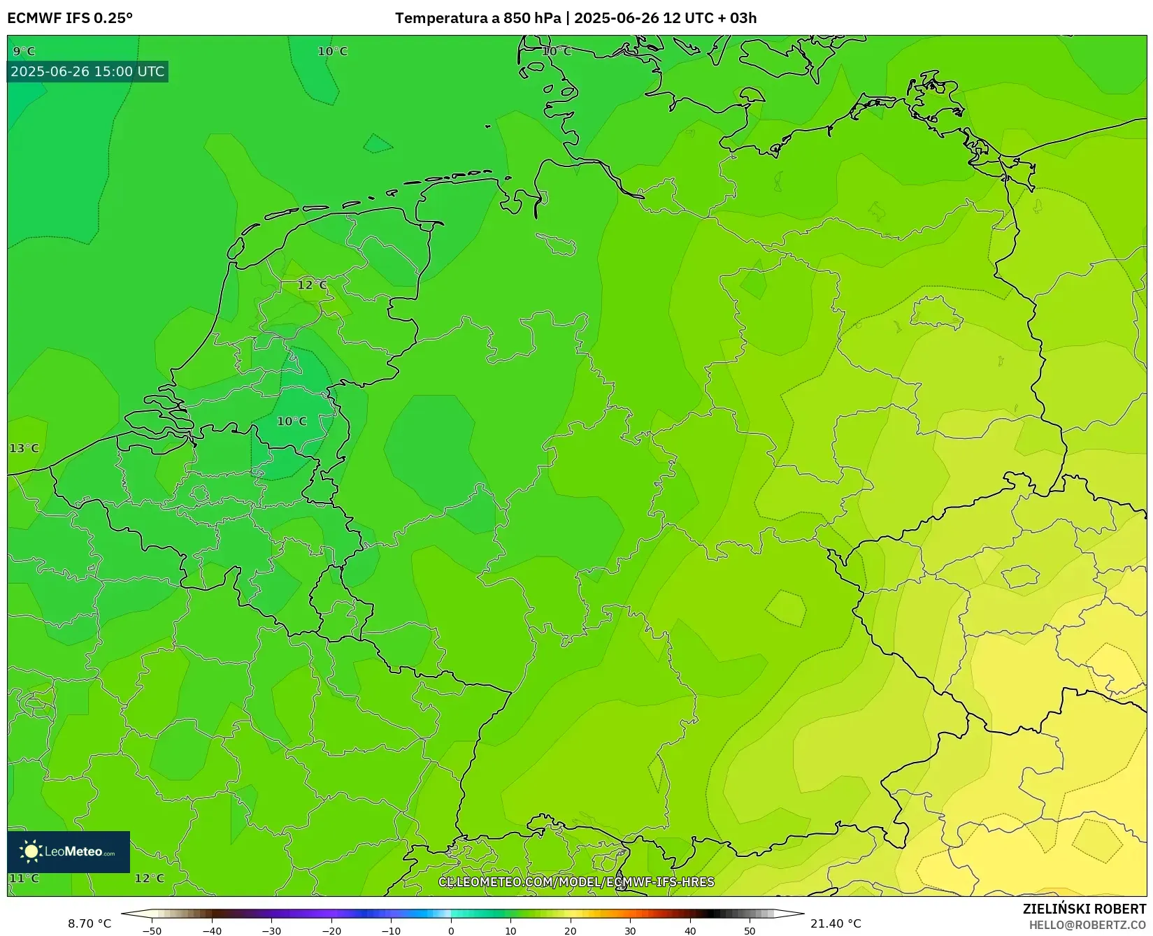 ECMWF IFS 0.25° model - Alemania, Temperatura a 850 hPa ECMWF IFS 0.25° model - Alemania, Temperatura a 850 hPa