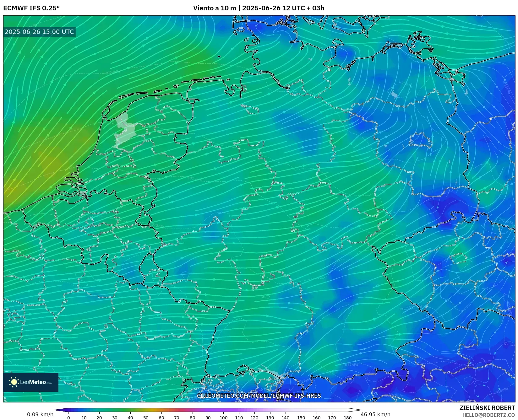 ECMWF IFS 0.25° model - Alemania, Viento a 10 m ECMWF IFS 0.25° model - Alemania, Viento a 10 m