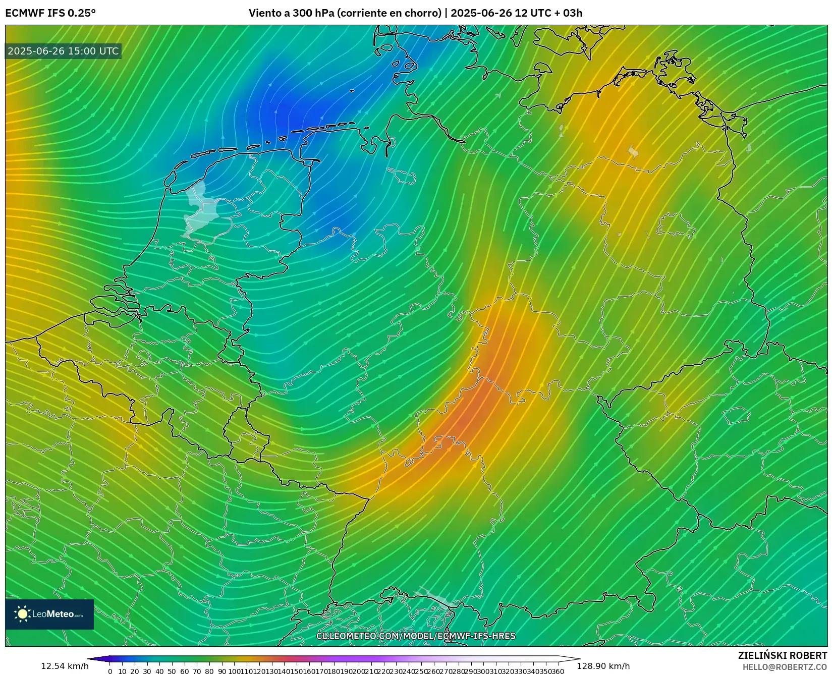 ECMWF IFS 0.25° model - Alemania, Viento a 300 hPa (corriente en chorro) ECMWF IFS 0.25° model - Alemania, Viento a 300 hPa (corriente en chorro)