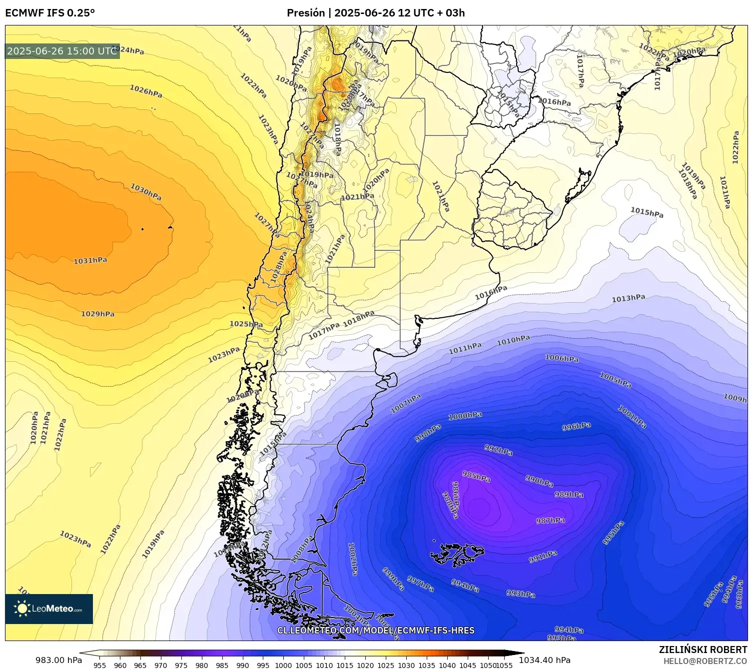 ECMWF IFS 0.25° model - Argentina, Presión