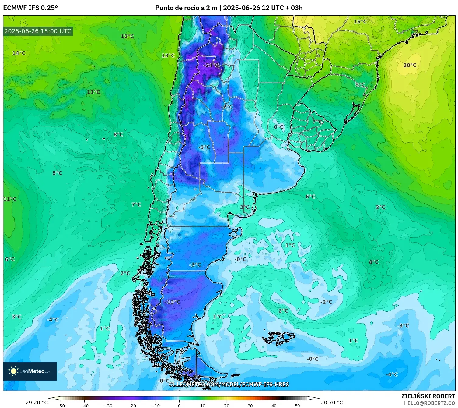 ECMWF IFS 0.25° model - Argentina, Punto de rocío a 2 m ECMWF IFS 0.25° model - Argentina, Punto de rocío a 2 m