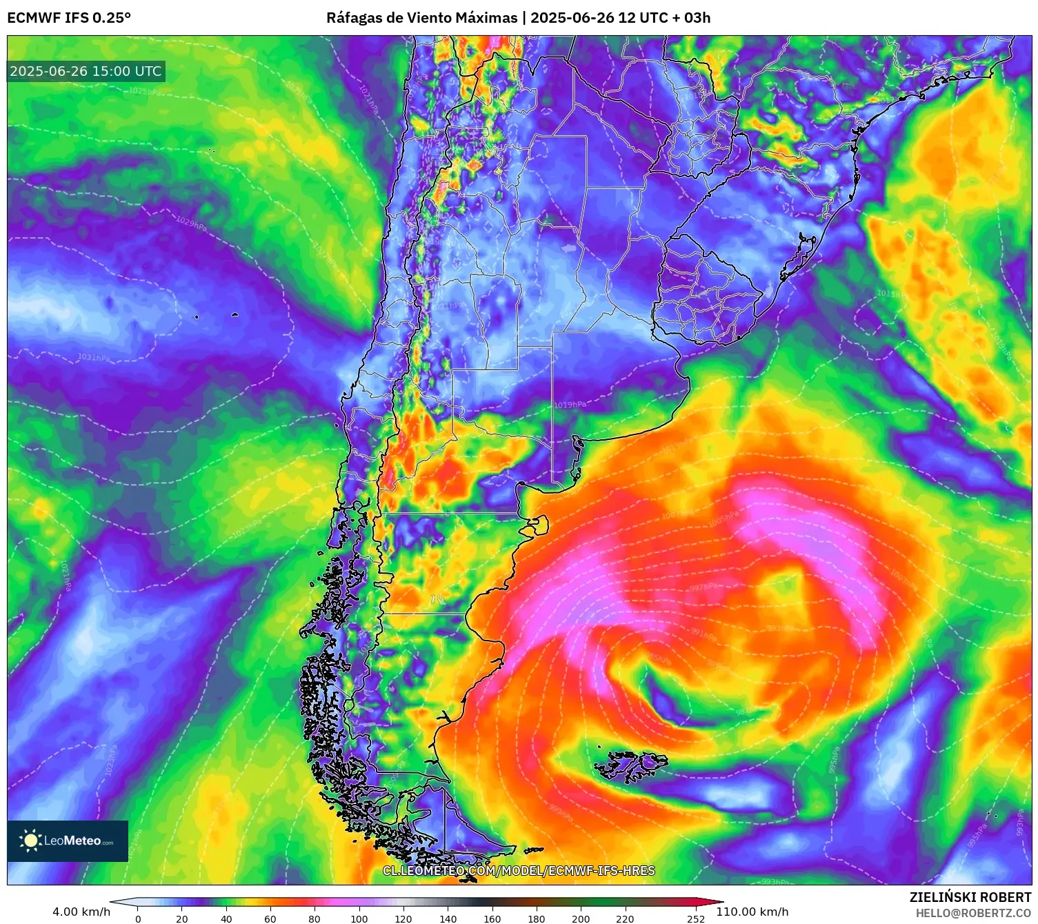 ECMWF IFS 0.25° model - Argentina, Ráfagas de Viento Máximas ECMWF IFS 0.25° model - Argentina, Ráfagas de Viento Máximas