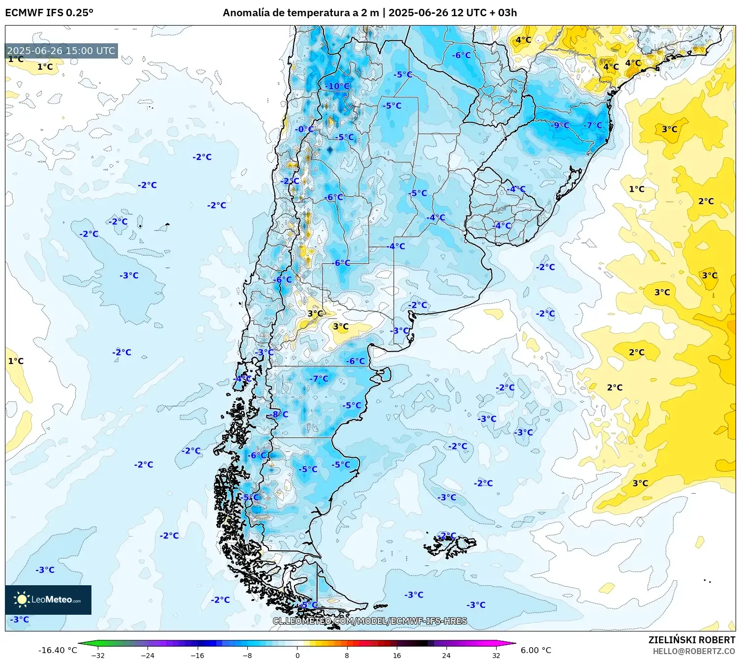 ECMWF IFS 0.25° model - Argentina, Anomalía de temperatura a 2 m ECMWF IFS 0.25° model - Argentina, Anomalía de temperatura a 2 m