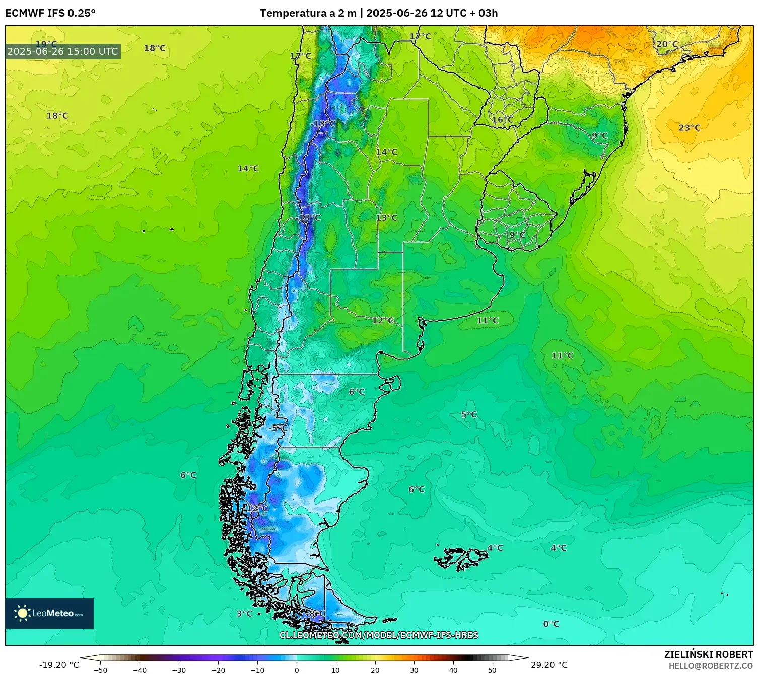 ECMWF IFS 0.25° model - Argentina, Temperatura a 2 m ECMWF IFS 0.25° model - Argentina, Temperatura a 2 m