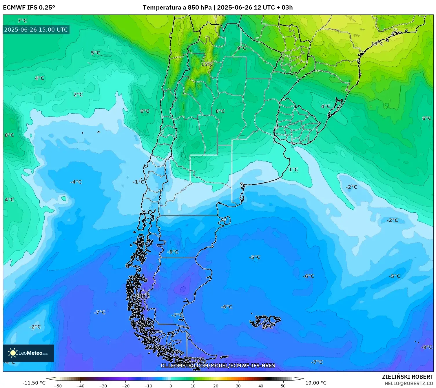 ECMWF IFS 0.25° model - Argentina, Temperatura a 850 hPa ECMWF IFS 0.25° model - Argentina, Temperatura a 850 hPa