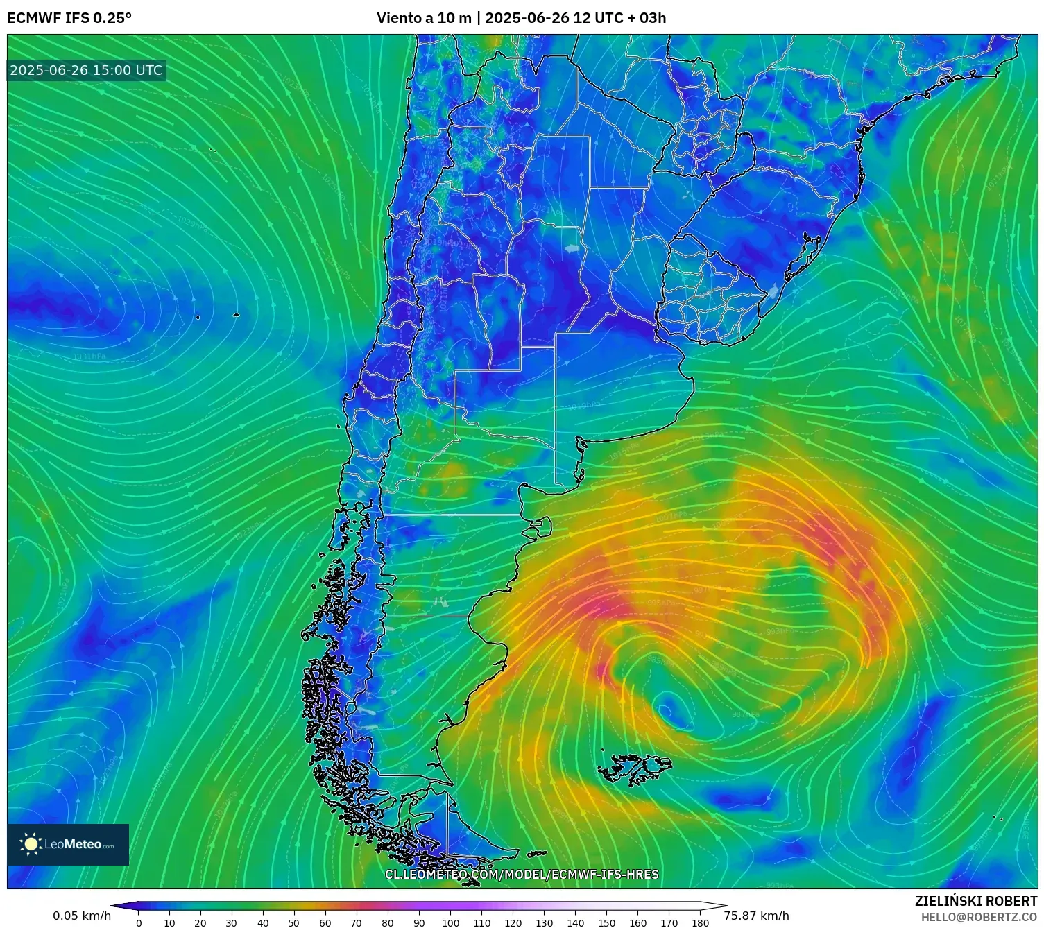 ECMWF IFS 0.25° model - Argentina, Viento a 10 m ECMWF IFS 0.25° model - Argentina, Viento a 10 m
