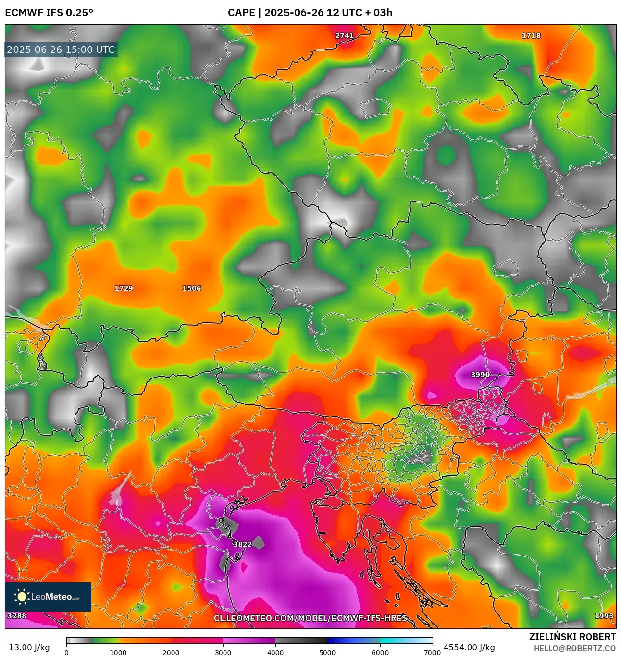 ECMWF IFS 0.25° model - Austria, CAPE ECMWF IFS 0.25° model - Austria, CAPE